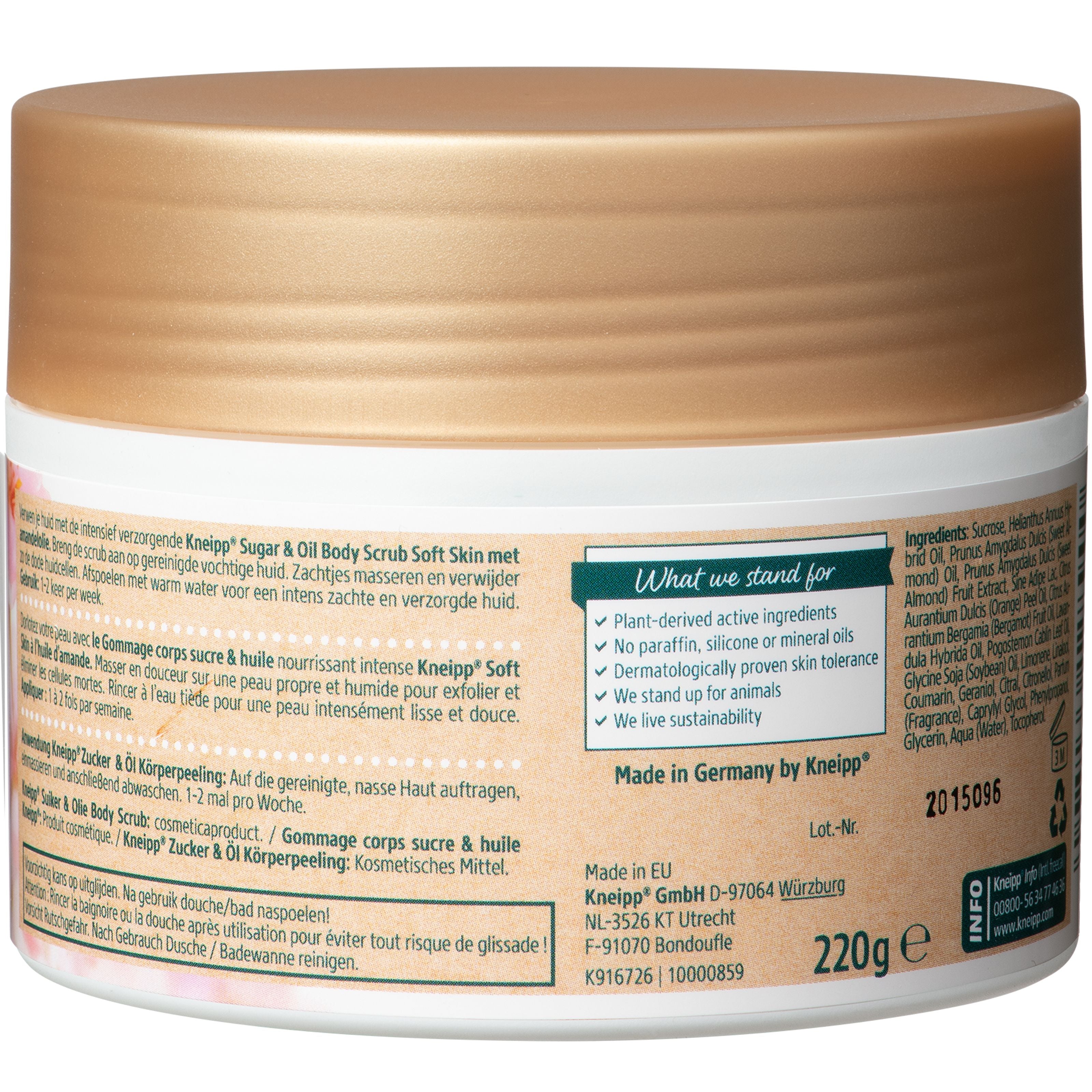 Kneipp Soft Skin Sugar & Oil Body Scrub with Almond Oil in a 220g jar, featuring a textured scrub surface and natural ingredients.