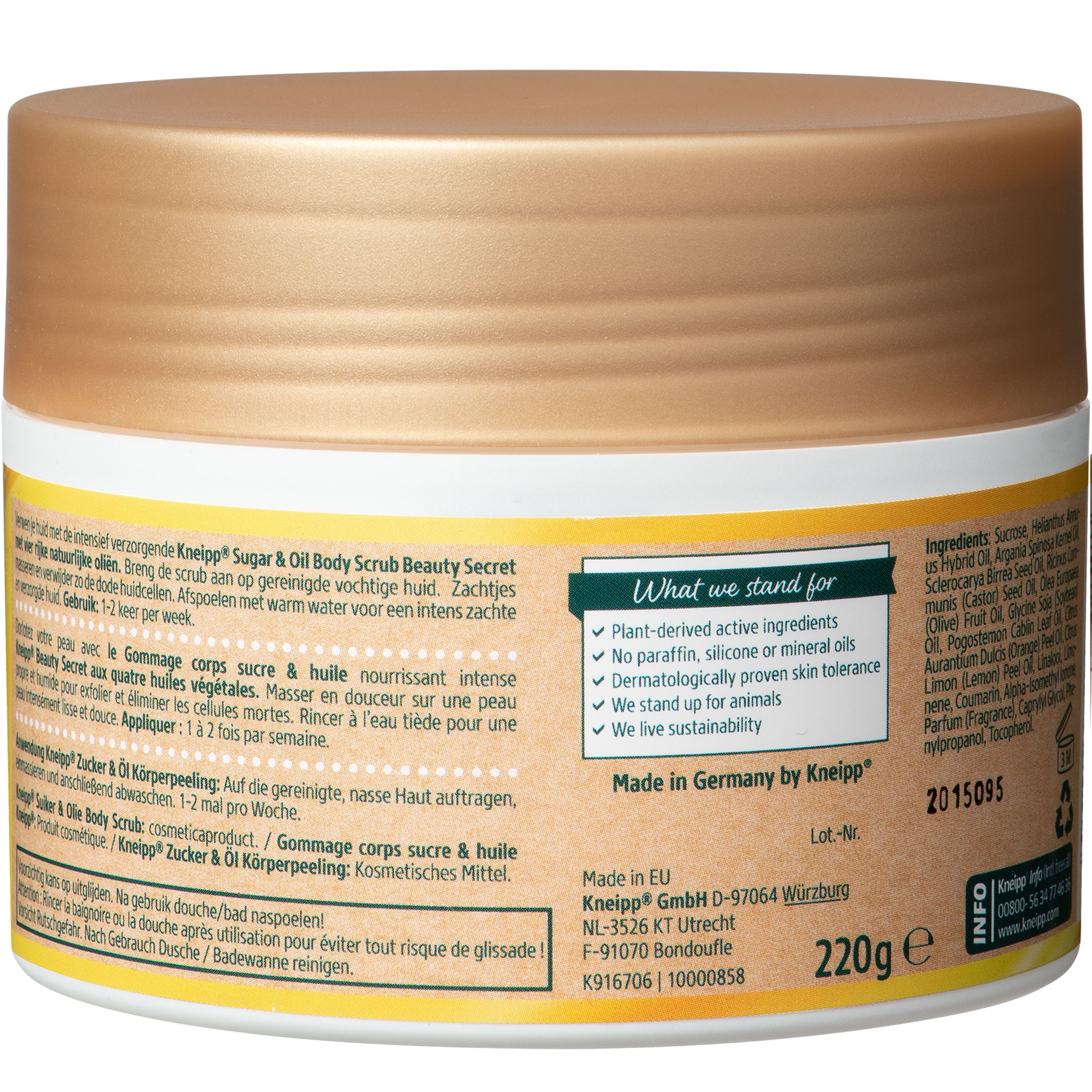 Kneipp Beauty Secret Body Scrub with sugar and oil, 220g, for smooth and refreshed skin, shown in a jar with textured scrub inside.