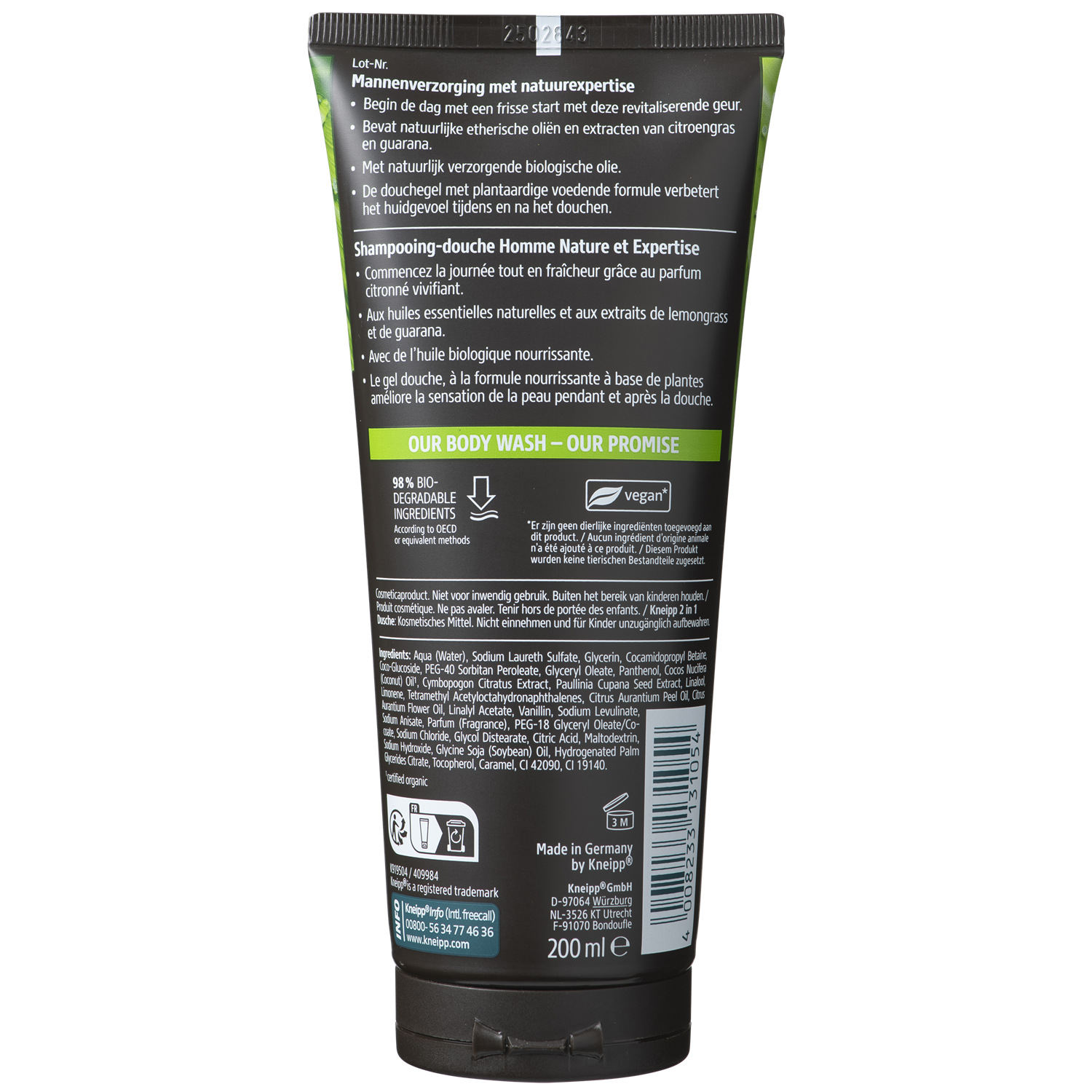 Kneipp 2-in-1 men douchegel and shampoo bottle, ready-to-go 200ml, with label showing product details and branding.