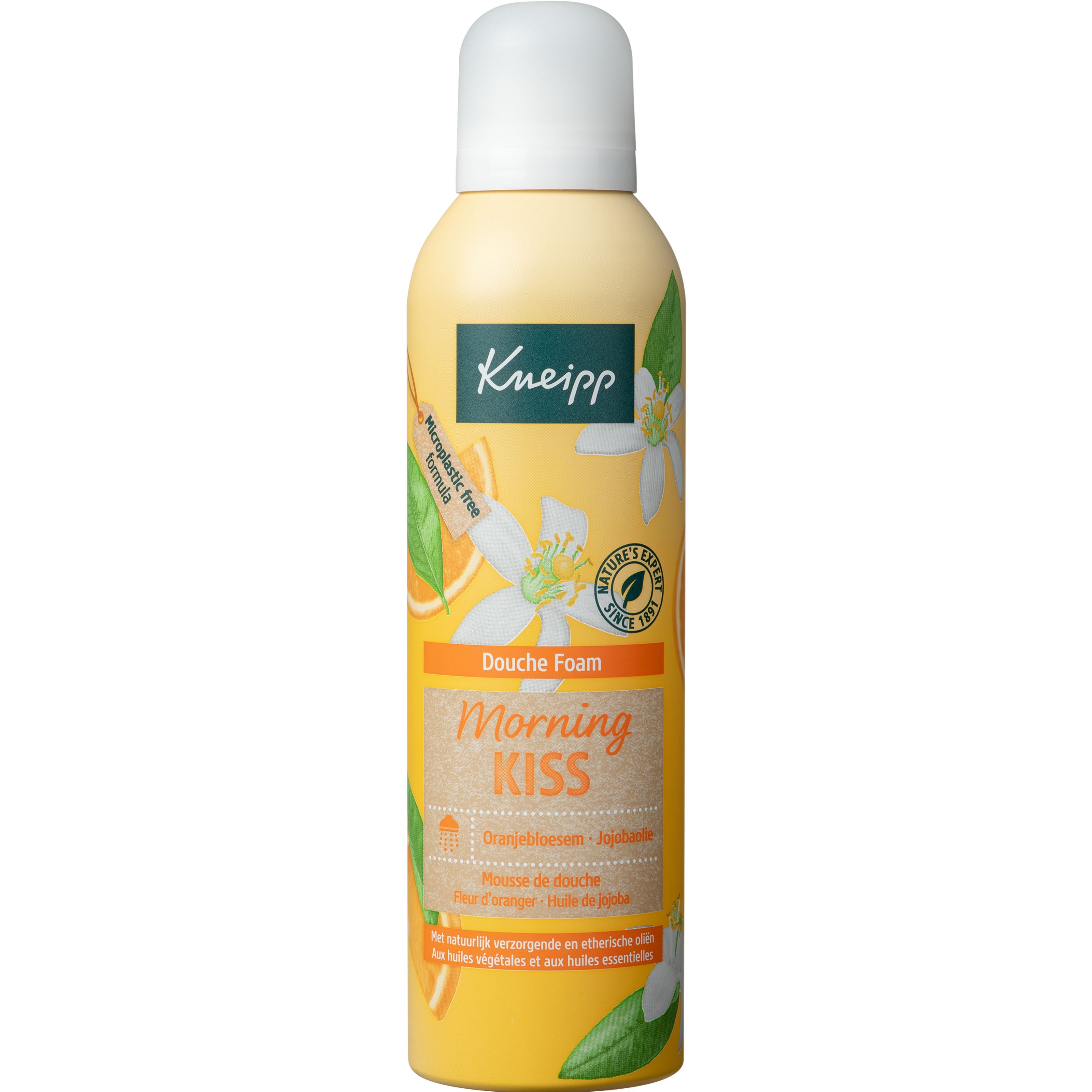 Kneipp Morning Kiss douche foam with orange blossom and jojoba oil in a 200ml bottle, for gentle cleansing and skin nourishment.