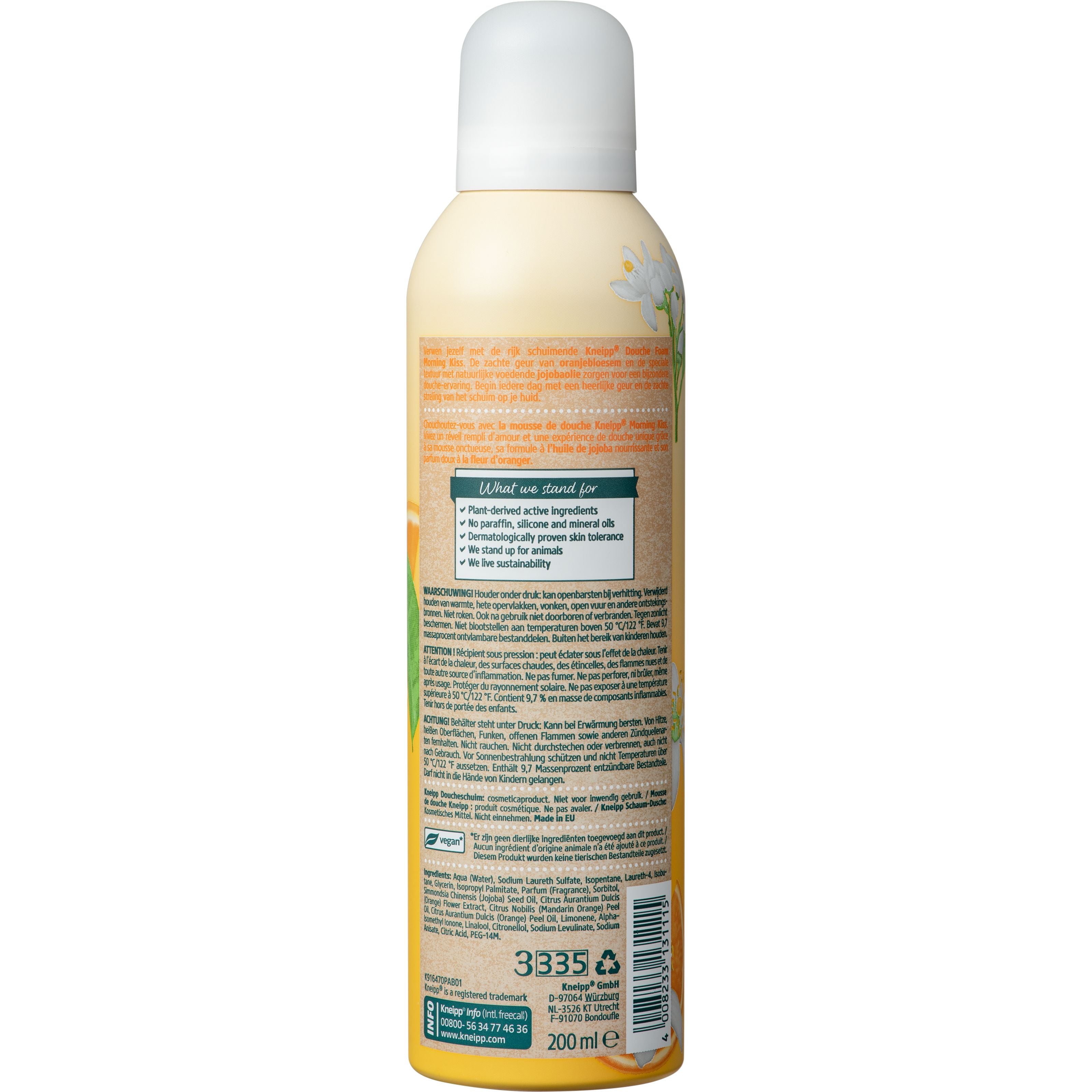 Kneipp Morning Kiss douche foam with orange blossom and jojoba oil in a 200ml bottle, for gentle cleansing and hydration.