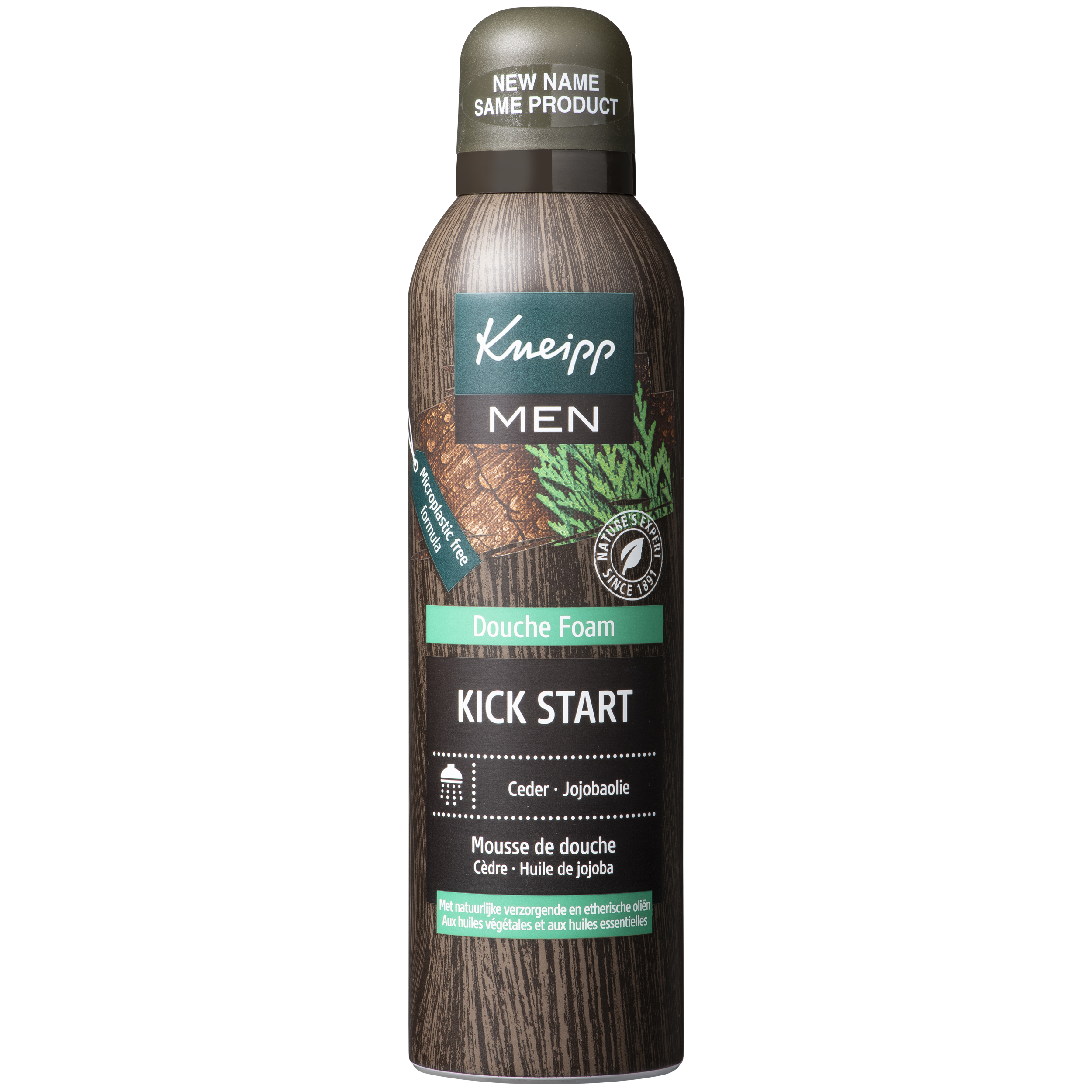 Kneipp Men douche foam with cedar and jojoba oil in a 200ml bottle, designed for refreshing shower and skin nourishment.