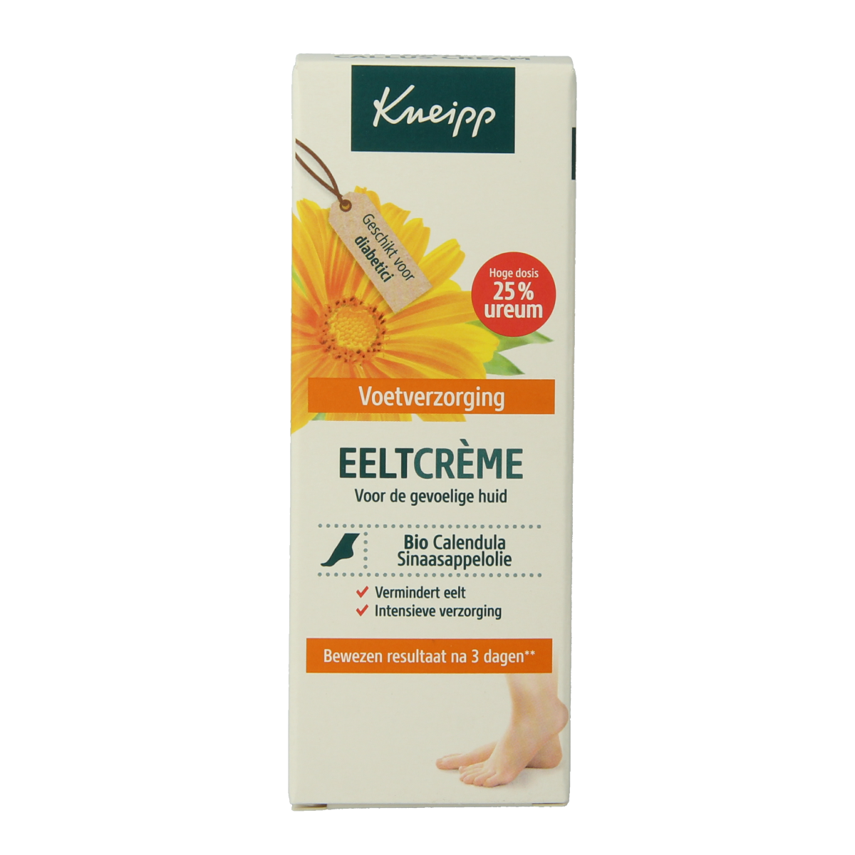 Kneipp foot care eeltcreme with calendula and orange oil in a 50ml tube, designed for nourishing foot skin.