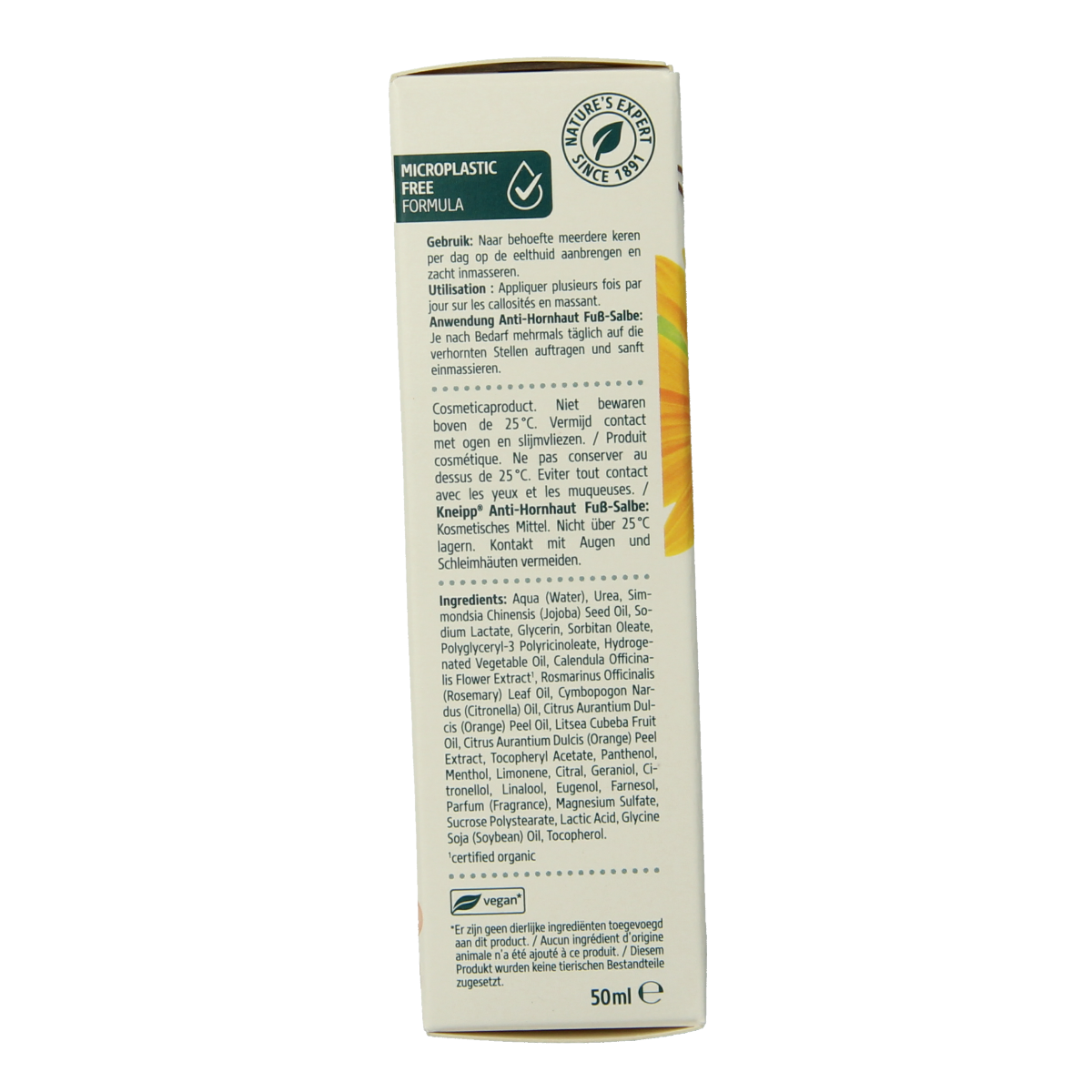 Kneipp foot care eeltcreme with calendula and orange oil in a 50ml tube, designed for nourishing and softening tired feet.