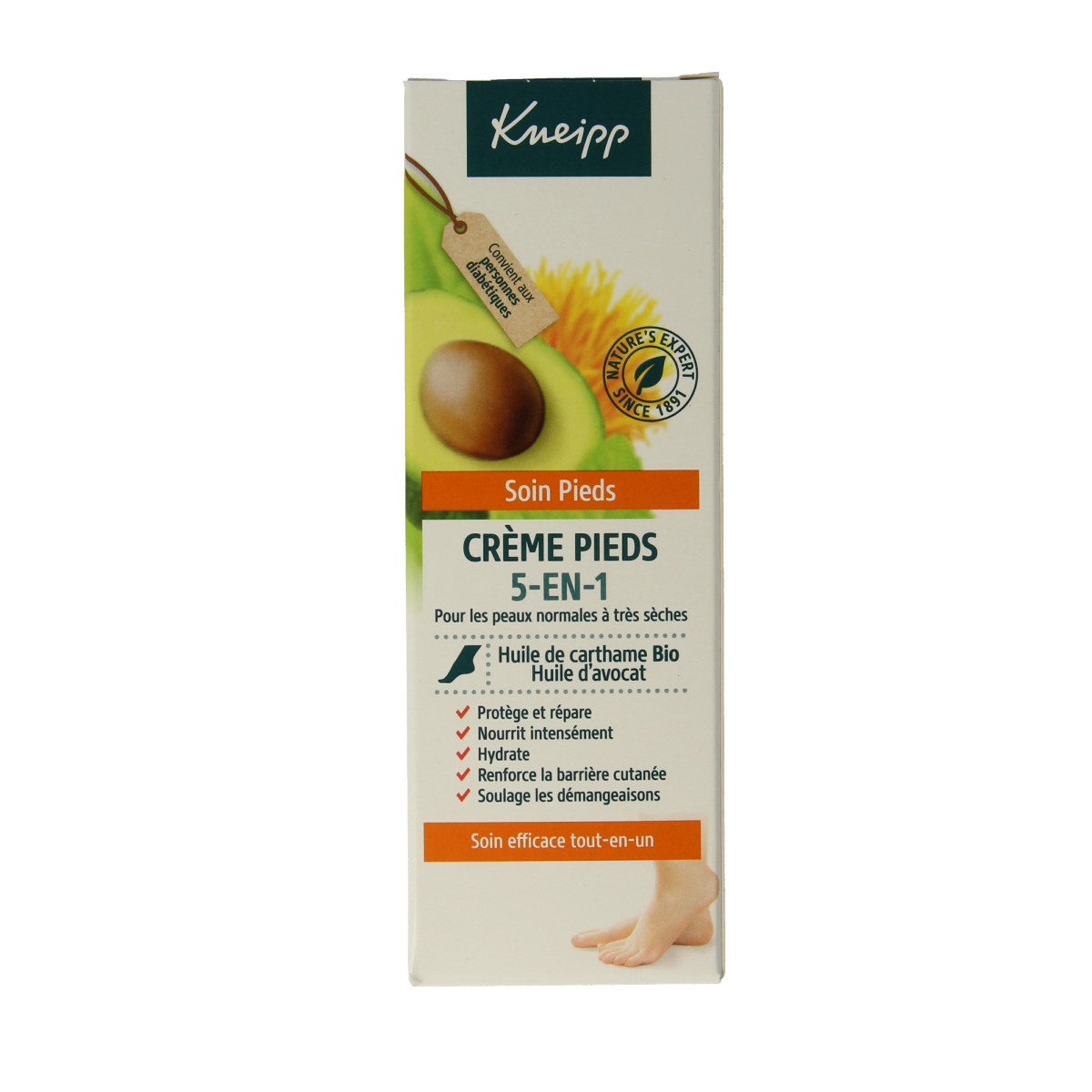 Kneipp 5-in-1 foot care foot cream in a 75ml tube, showing the packaging and applicator for nourishing foot care.