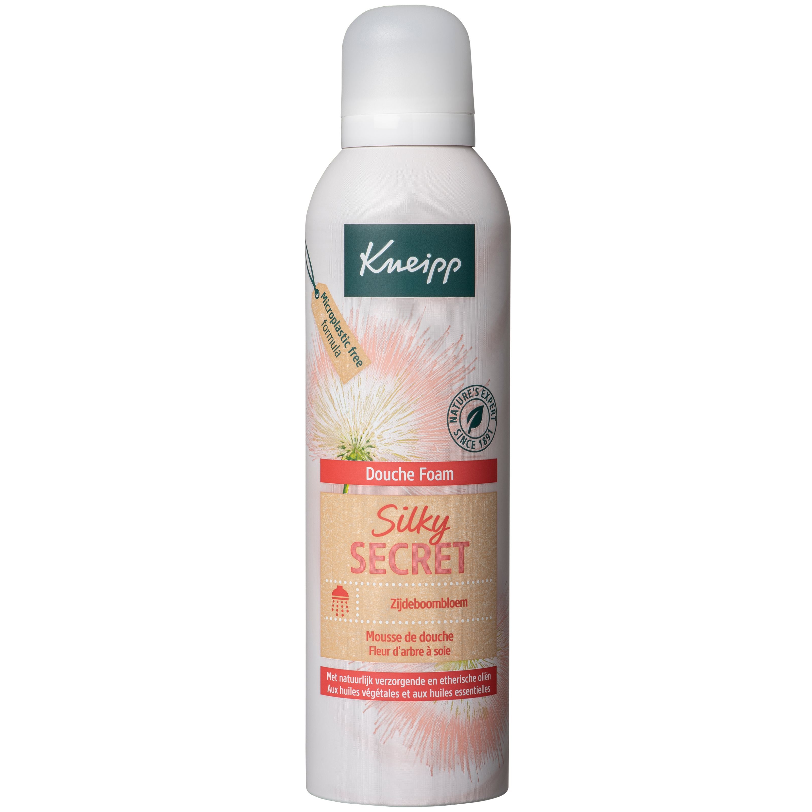 Kneipp Silky Secret douche foam with zijdeboombloem, 200ml, in a pump bottle, for gentle cleansing during shower or bath.