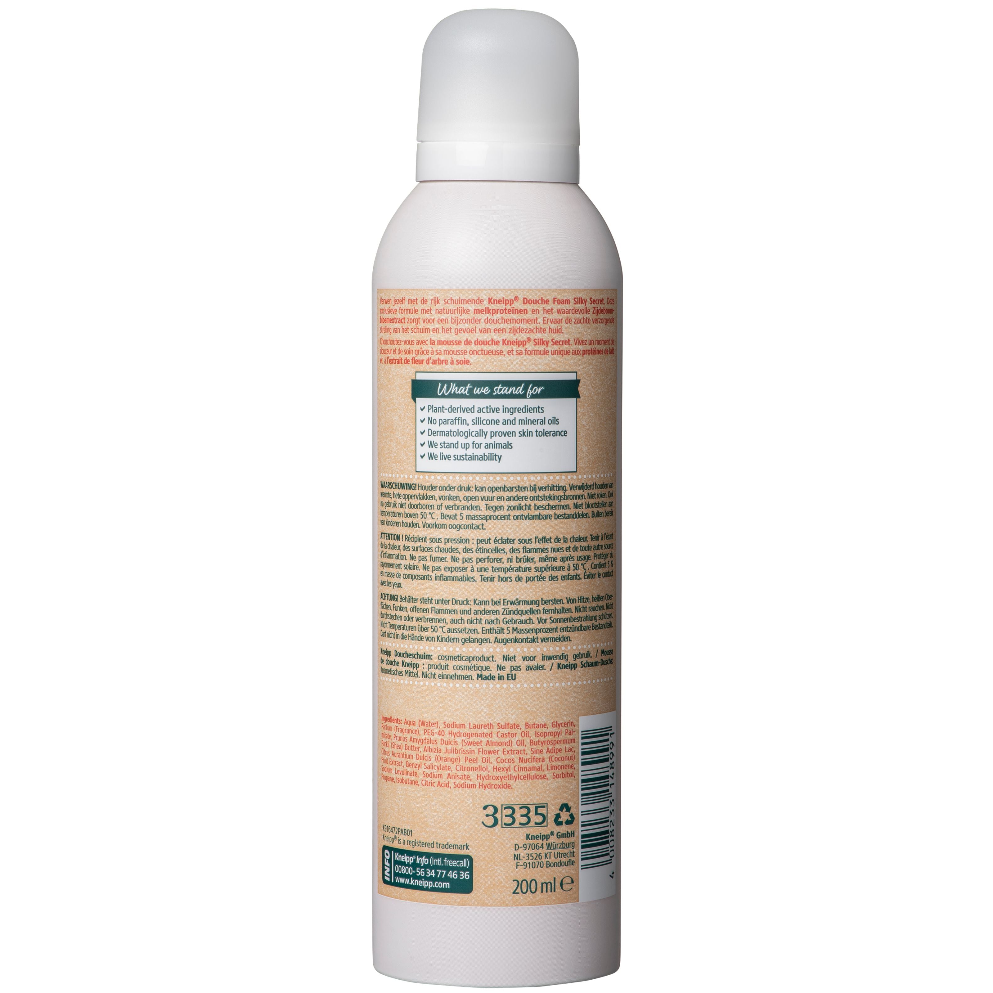 Kneipp Silky Secret douche foam in a 200ml bottle, softening and moisturizing body wash with a floral scent in a pump dispenser.