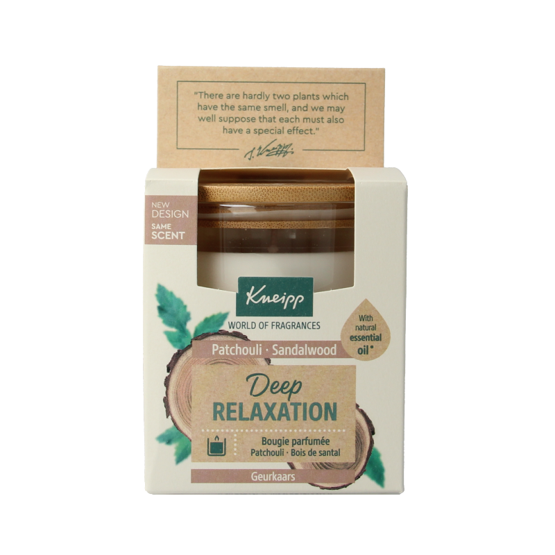 Kneipp Sandalwood Patchouli scented candle, 145 grams, with a warm, earthy appearance and natural wax finish.