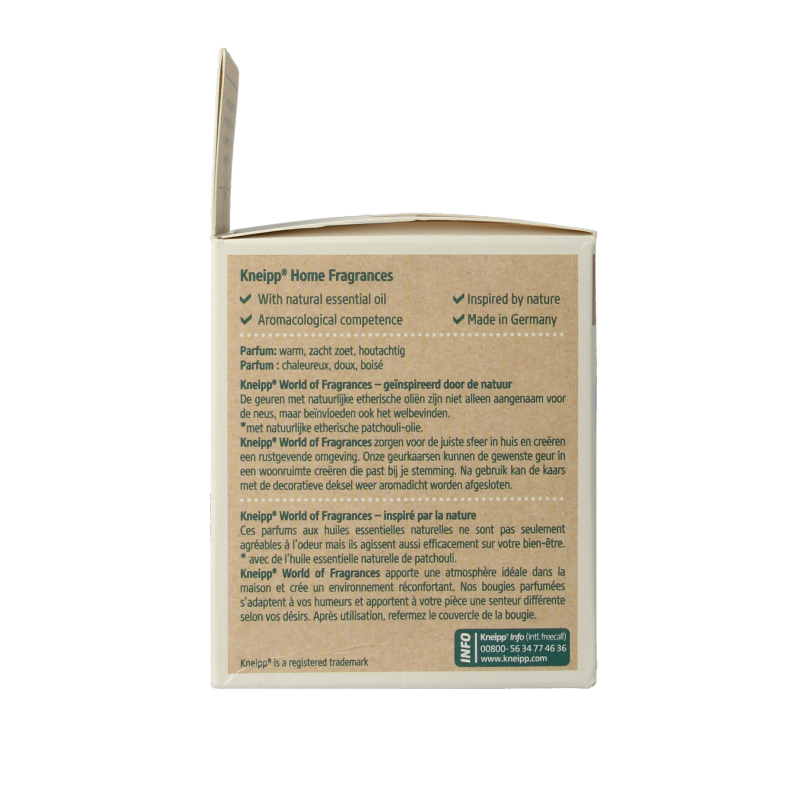 Kneipp Sandalwood Patchouli scented candle in a 145g container, featuring a warm, earthy aroma and natural wax finish.