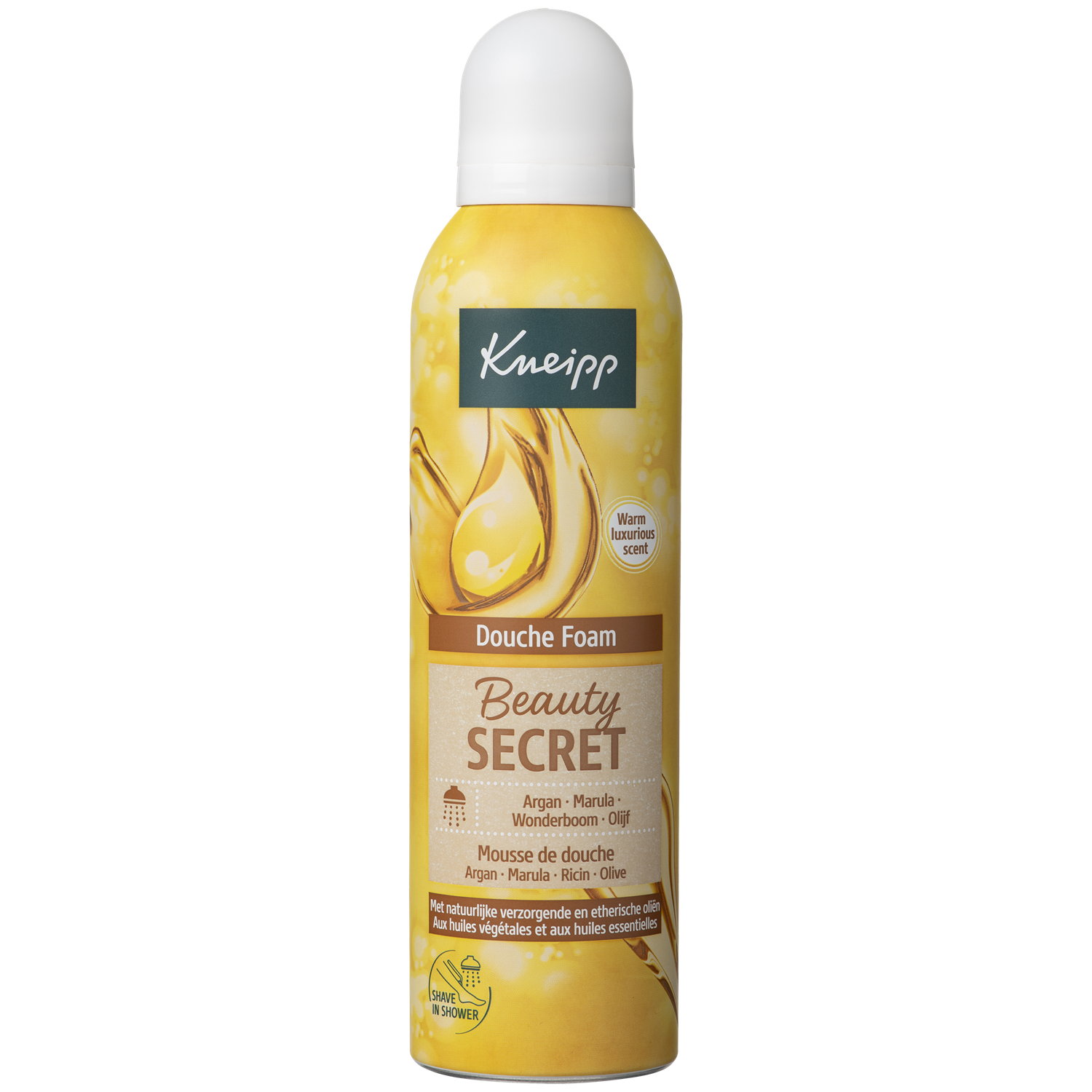 Kneipp Beauty Secret douche foam bottle, 200ml, with a soft pump dispenser and elegant packaging for luxurious shower experience.