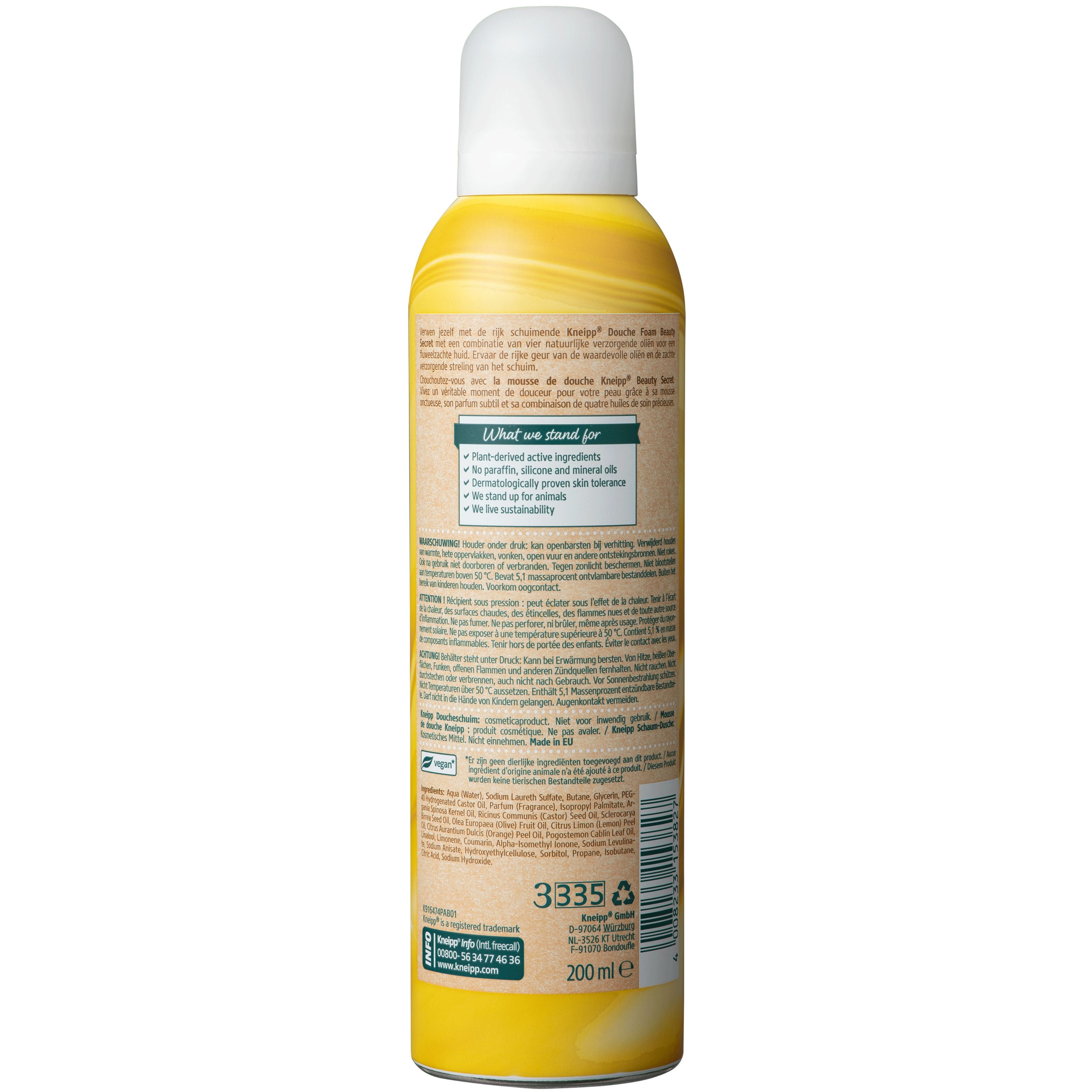 Kneipp Beauty Secret Douchefoam 200ml, gentle bath and shower foam with nourishing ingredients, in a white bottle.