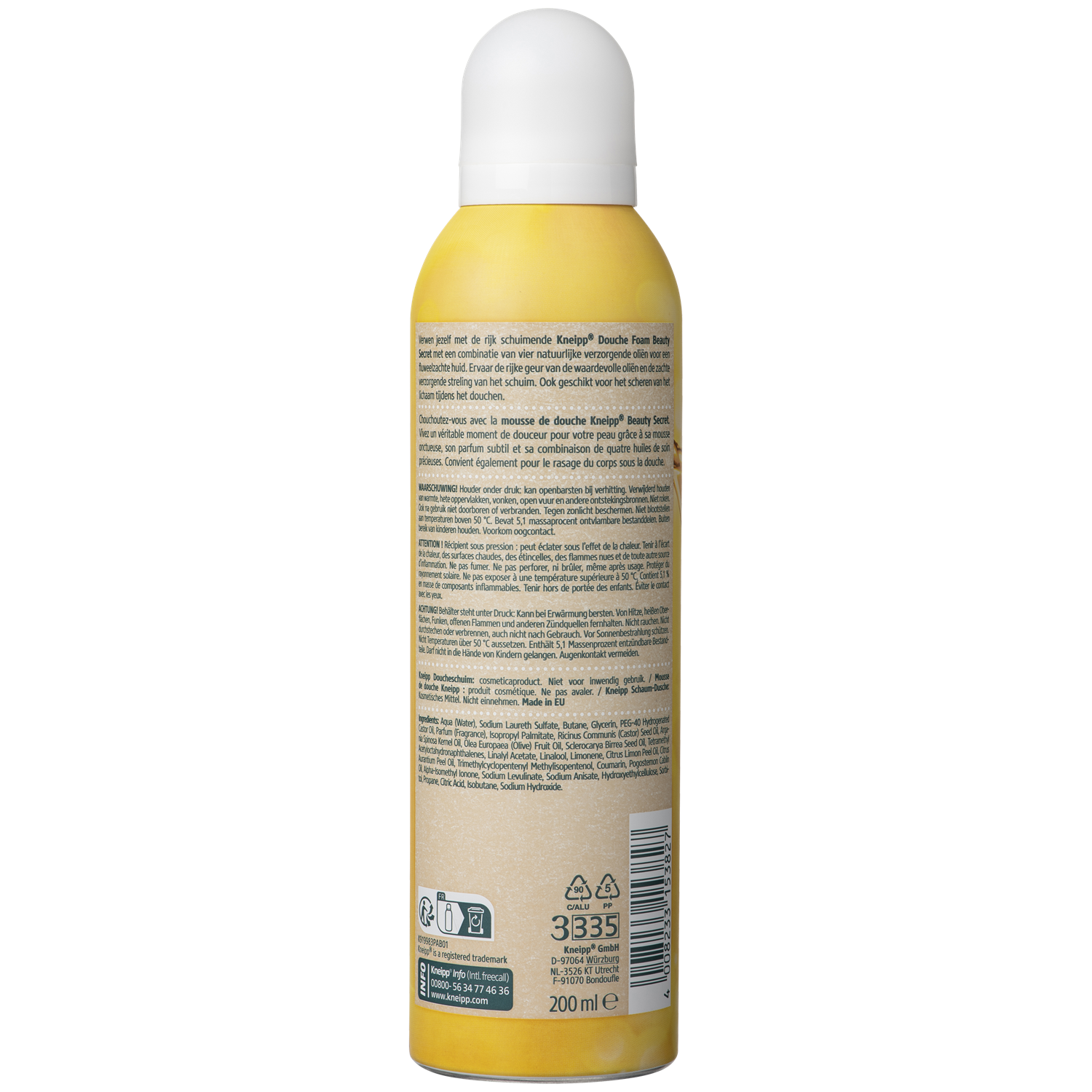 Kneipp Beauty Secret shower foam in 200ml bottle, gentle bad en douche with nourishing formula, creamy texture, and floral scent