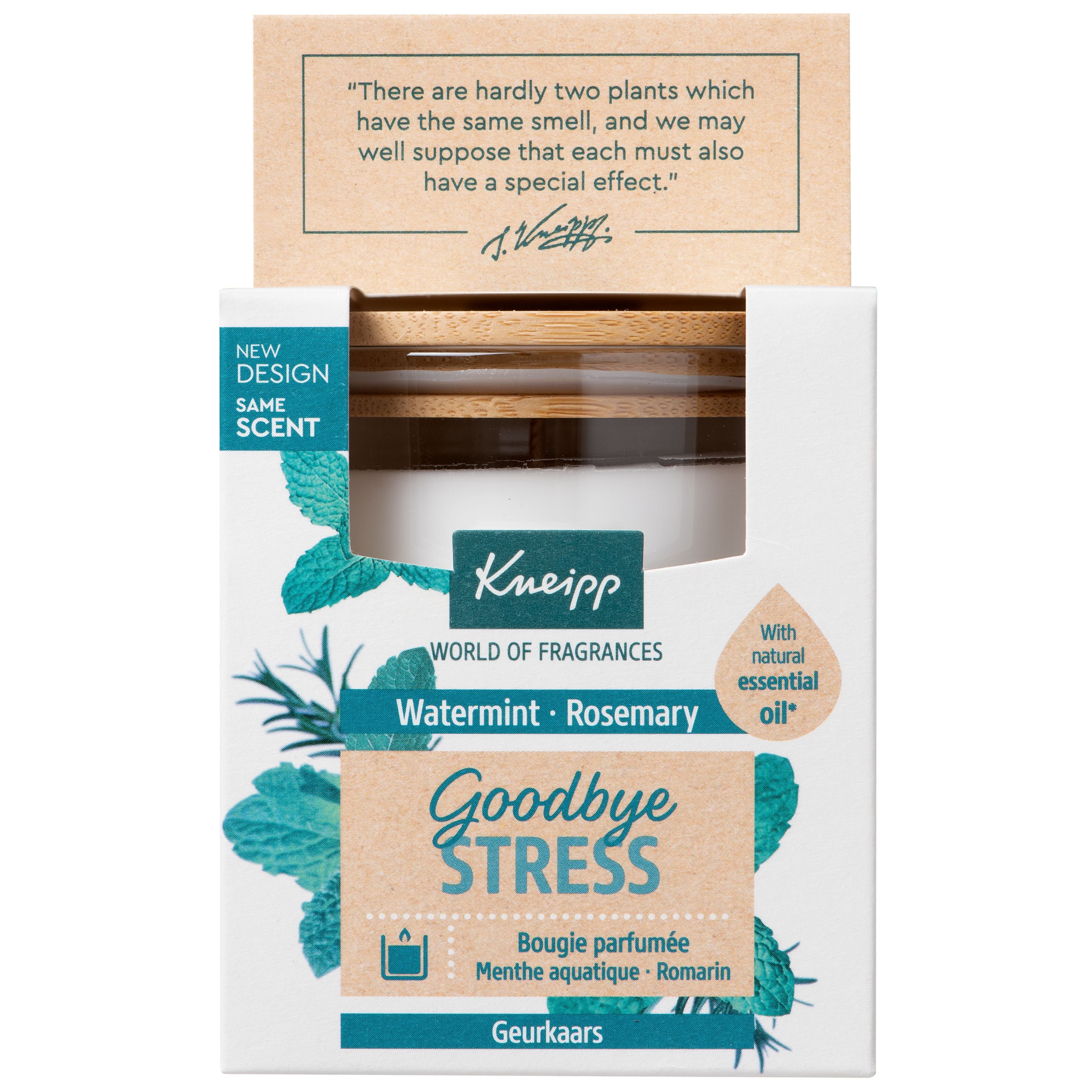 Kneipp Goodbye Stress scented candle in 145g glass jar, relaxing aroma, ideal for stress relief and creating a calming atmosphere.