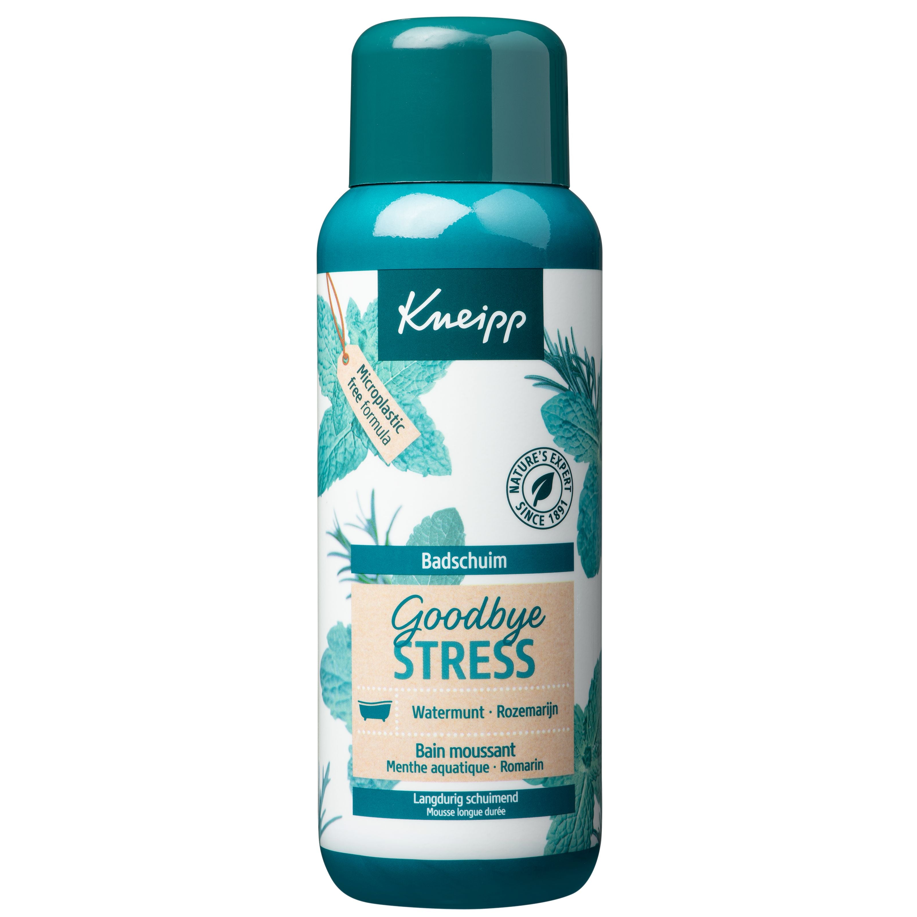 Kneipp Goodbye Stress bath and shower foam in a 400ml bottle, soothing and relaxing personal care product.