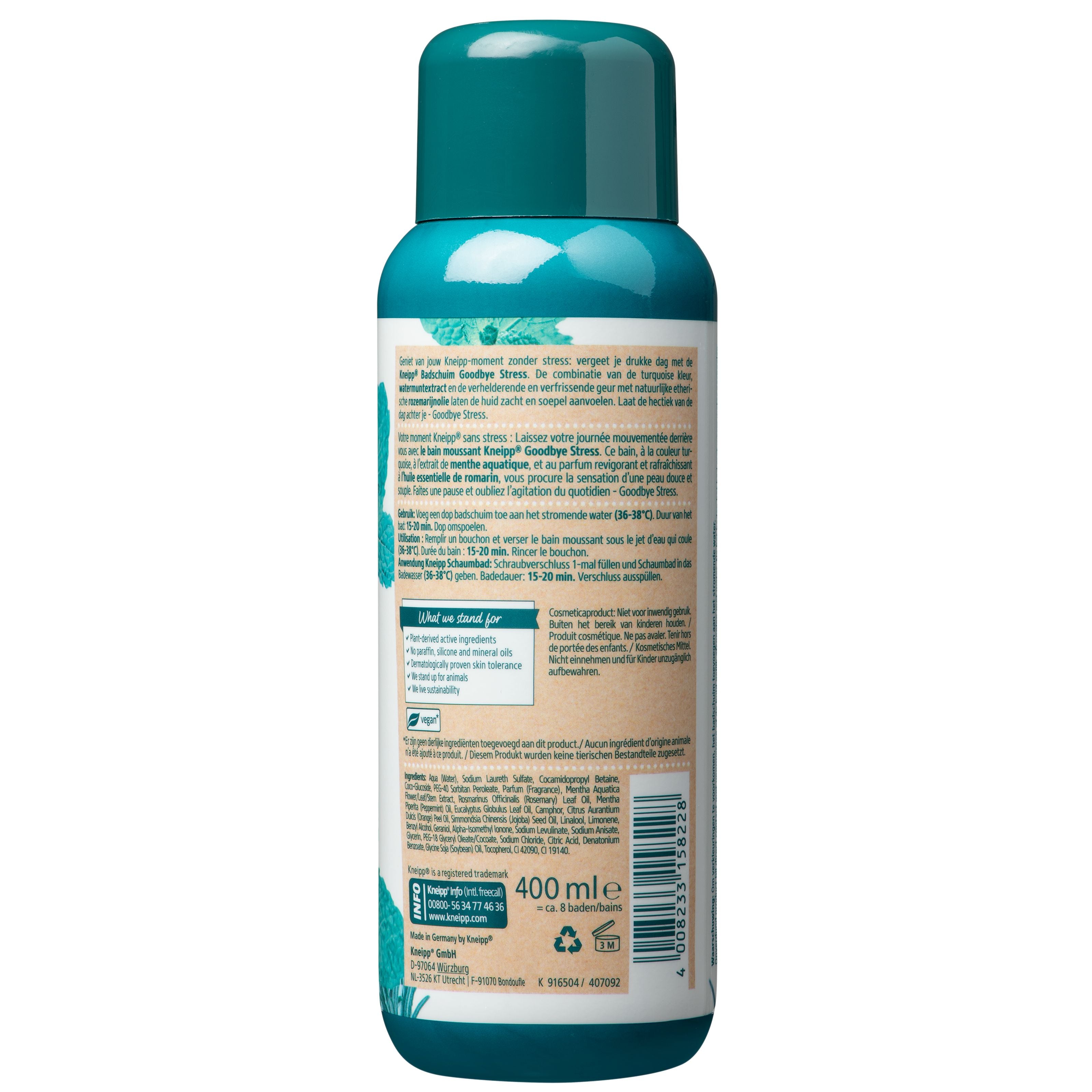 Kneipp Goodbye Stress bath and shower foam in a 400ml bottle, with a soothing and aromatic appearance for relaxation.