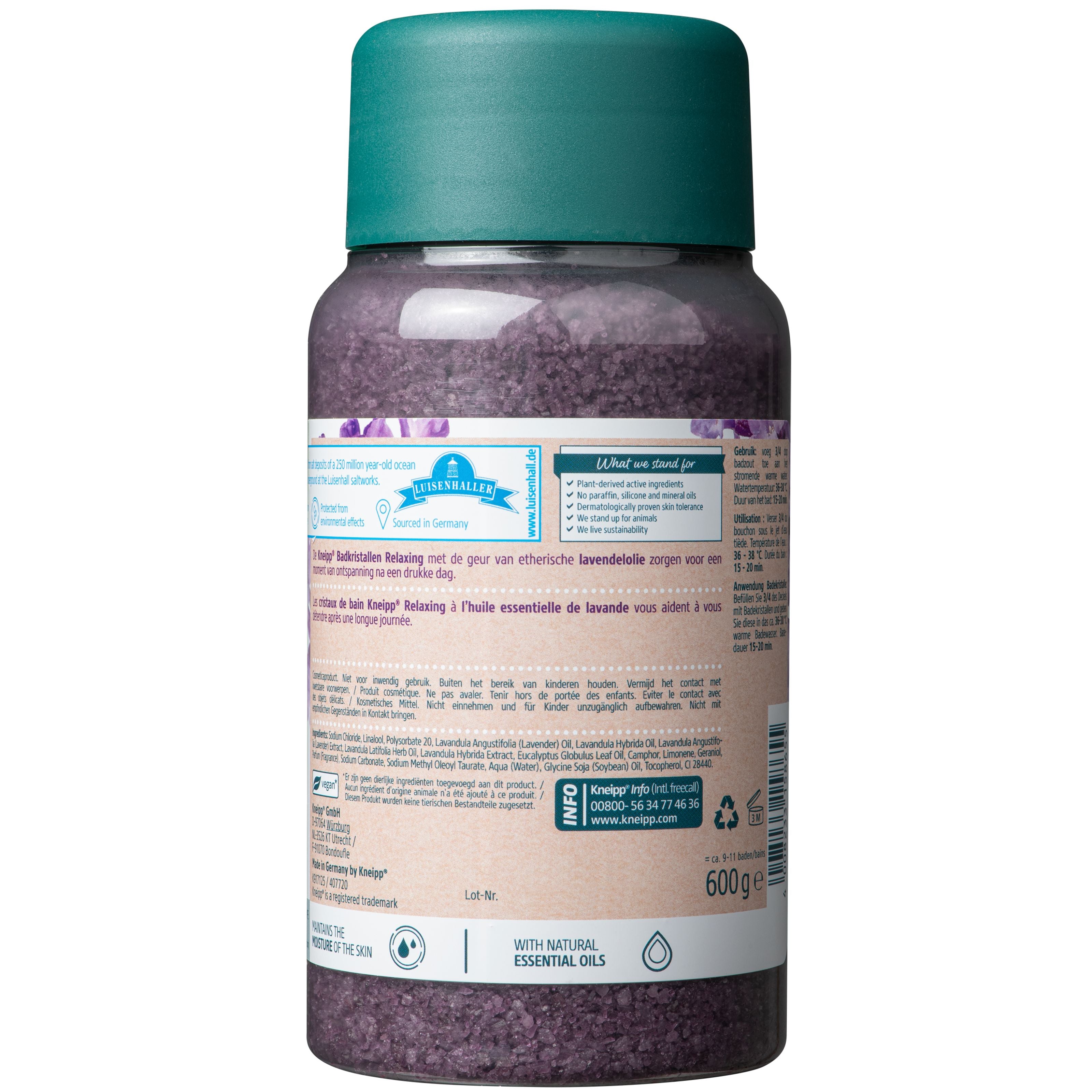 Kneipp relaxing lavender bath crystals in a 600g jar, designed for soothing bath and shower experiences with lavender scent.