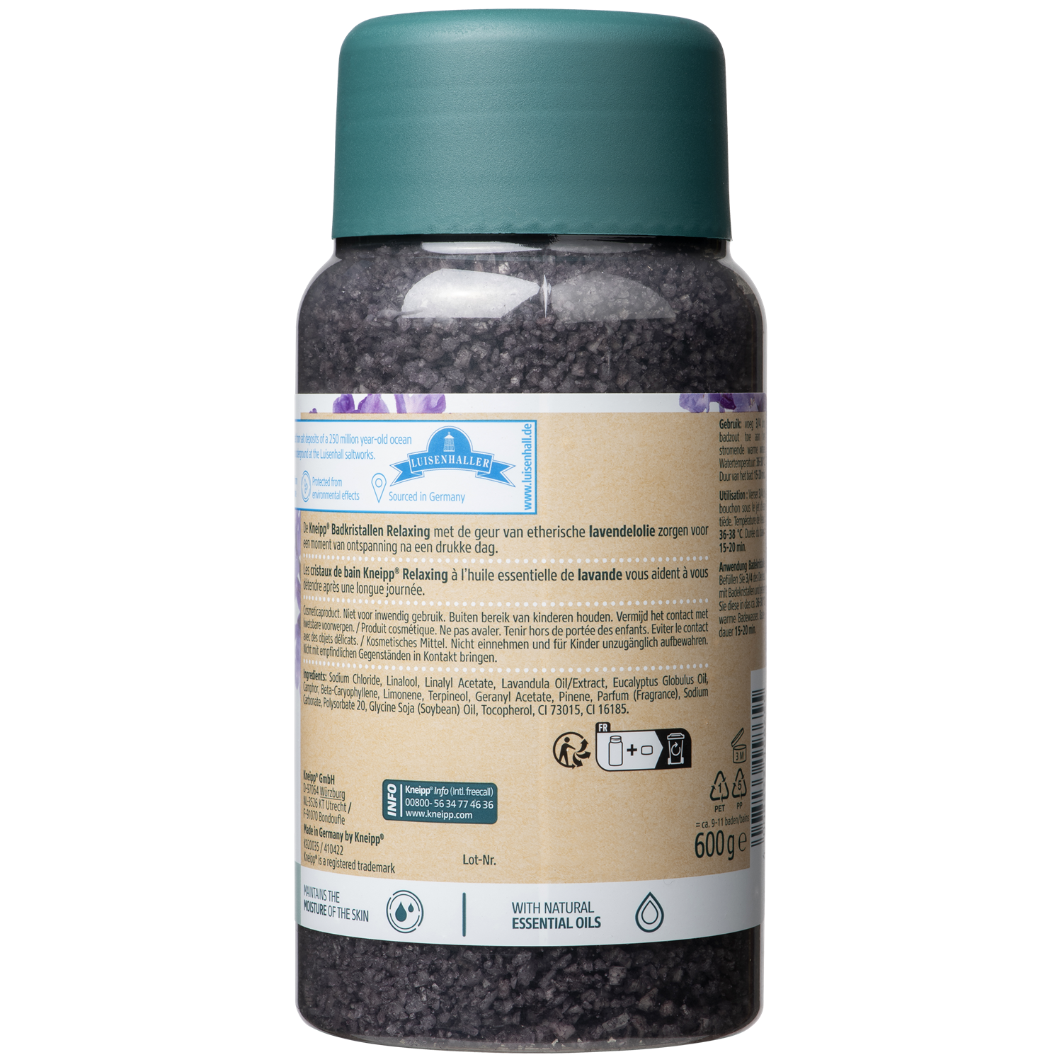 Kneipp Relaxing bath crystals in a 600g container, perfect for soothing baths and relaxing skin care.