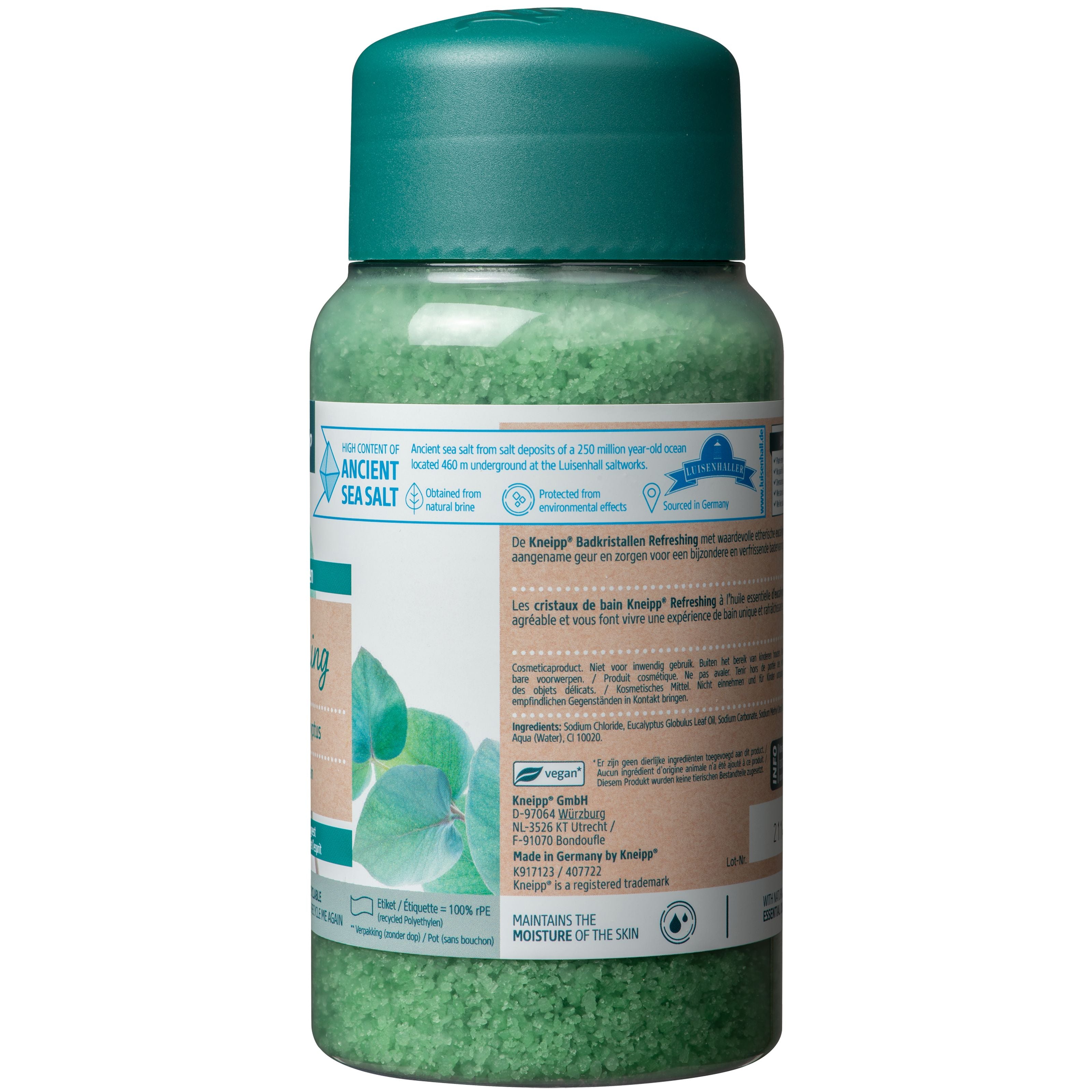 Kneipp refreshing eucalyptus bath and shower crystals in a 600g jar, with eucalyptus leaves and crystals displayed.