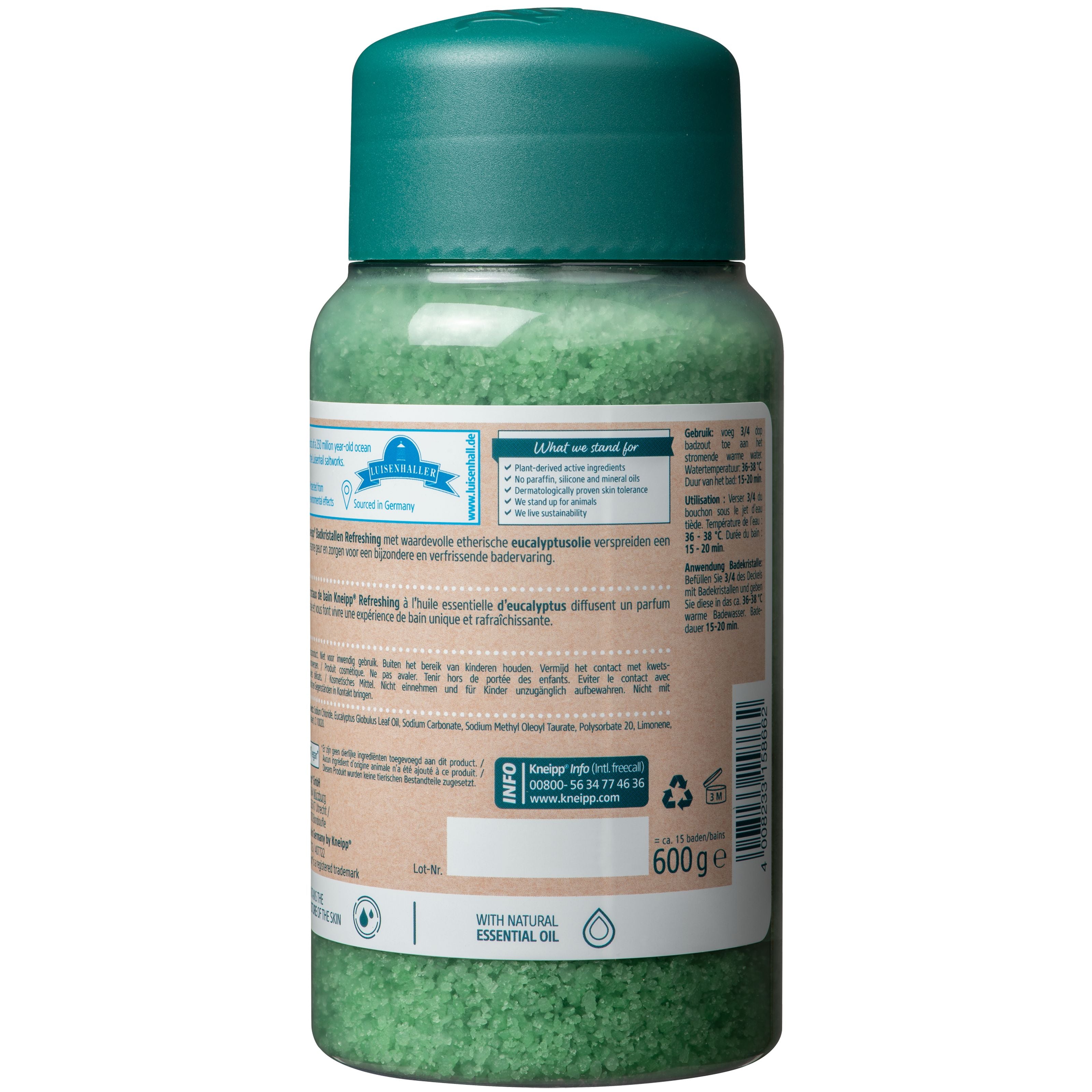 Kneipp refreshing eucalyptus bath crystals in a 600g jar, shown with aromatic eucalyptus leaves and crystal texture.