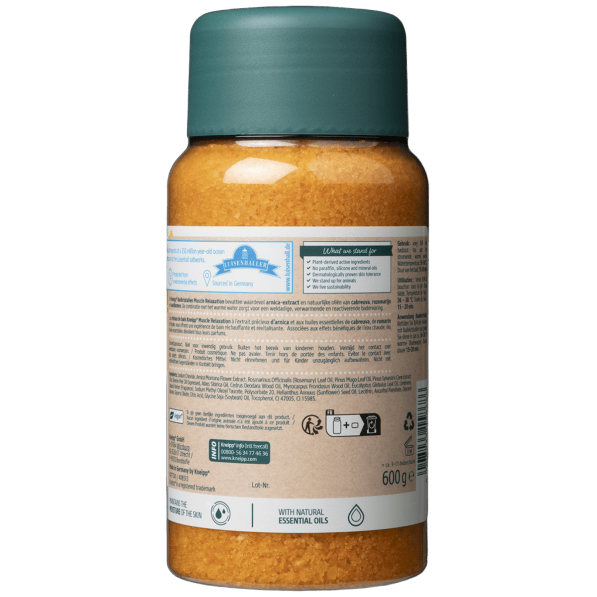 Kneipp Arnica muscle relaxation bath crystals in a 600g container, suitable for relaxing baths and muscle soothing.