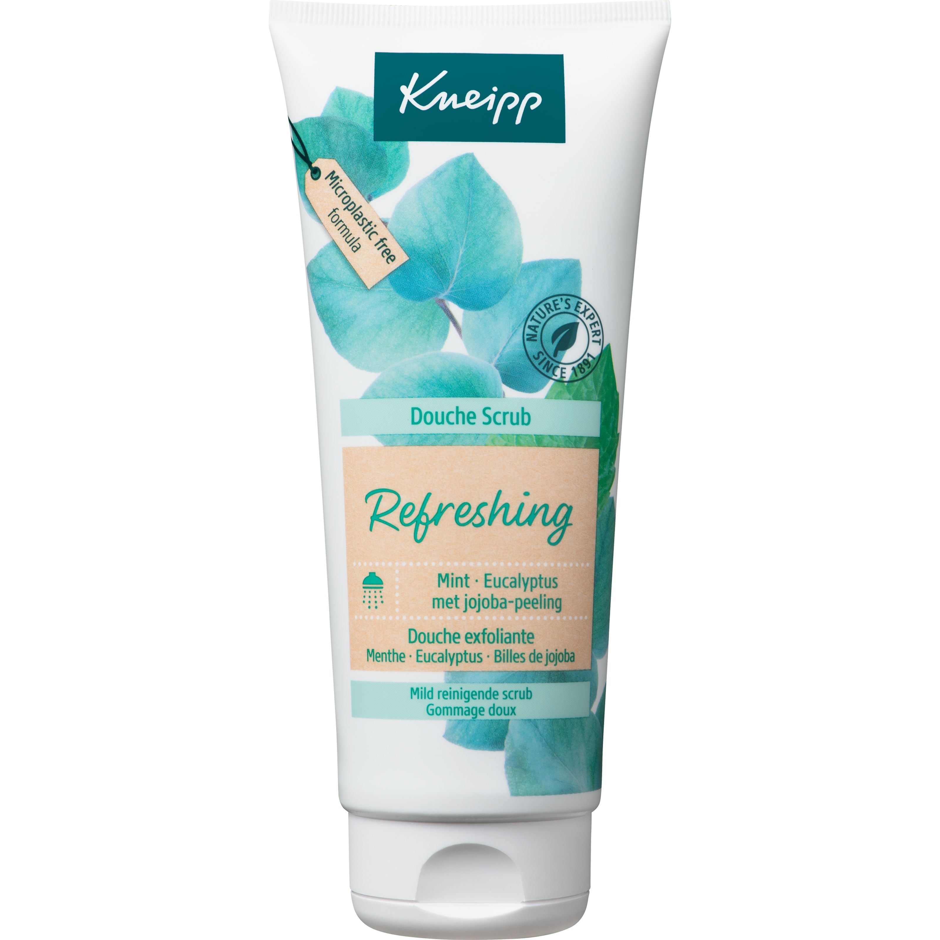 Kneipp refreshing mint eucalyptus and jojoba douche scrub bottle, 200ml, with mint and eucalyptus ingredients visible.