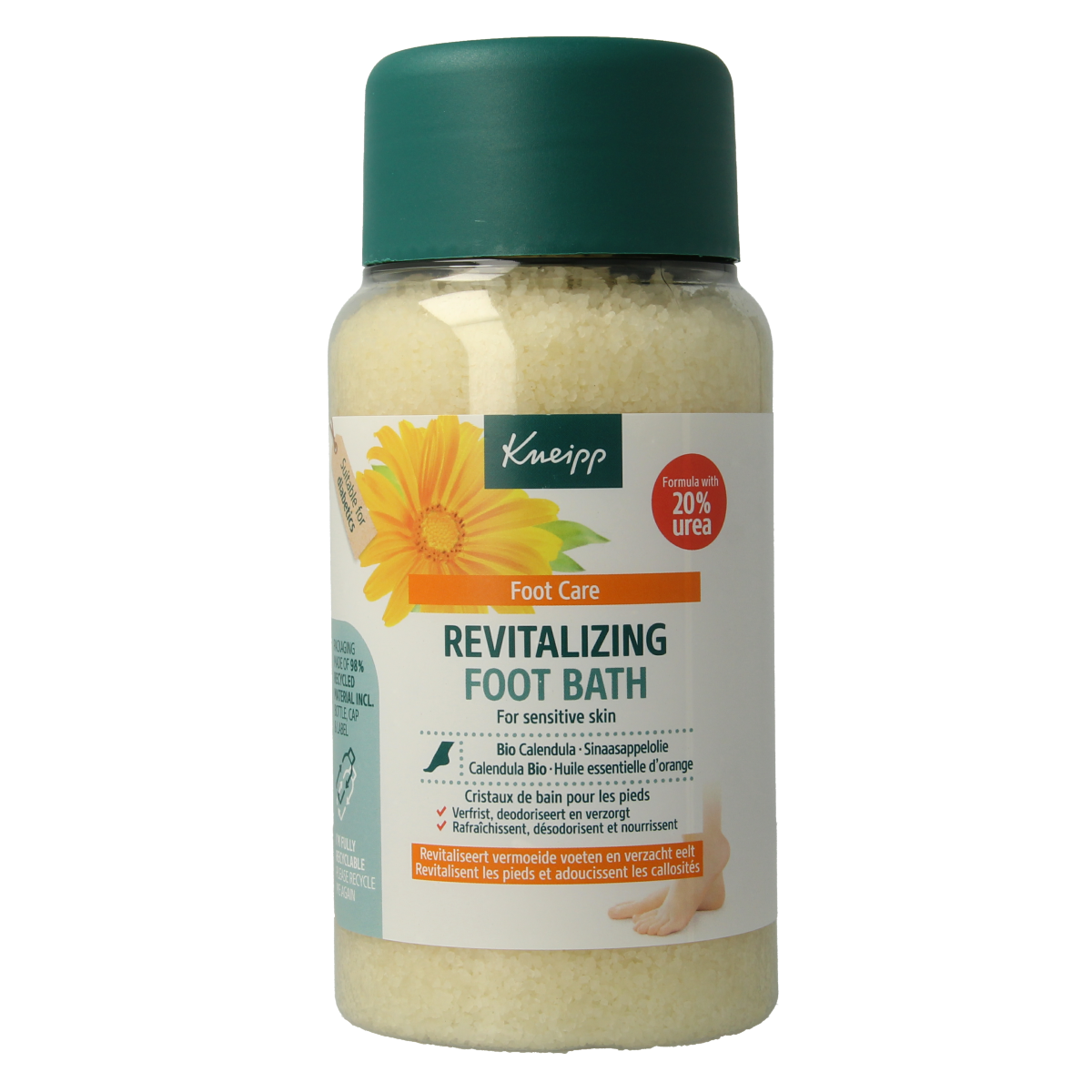 Kneipp foot care voetbadkristal vitalizing calendula and sina in 600g container, perfect for nourishing and revitalizing foot bath.
