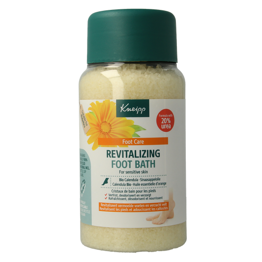 Kneipp foot care voetbadkristal vitalizing calendula and sina in 600g container, perfect for nourishing and revitalizing foot bath.