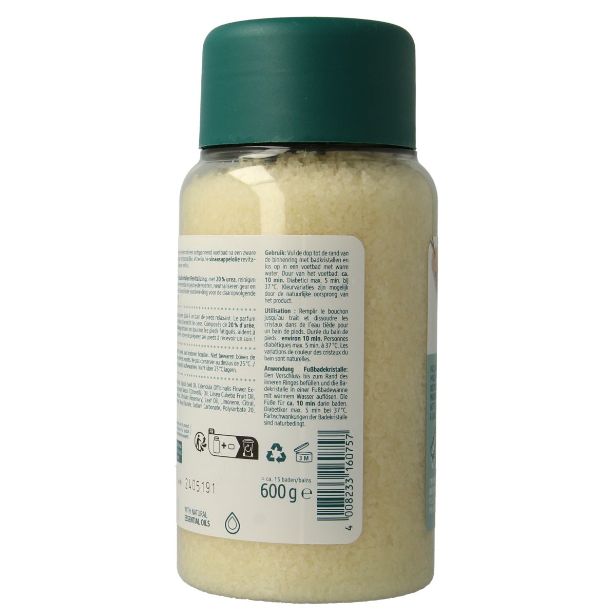 Kneipp Foot Care revitalizing calendula and citrus foot bath crystals in a 600g container, designed for nourishing foot care.
