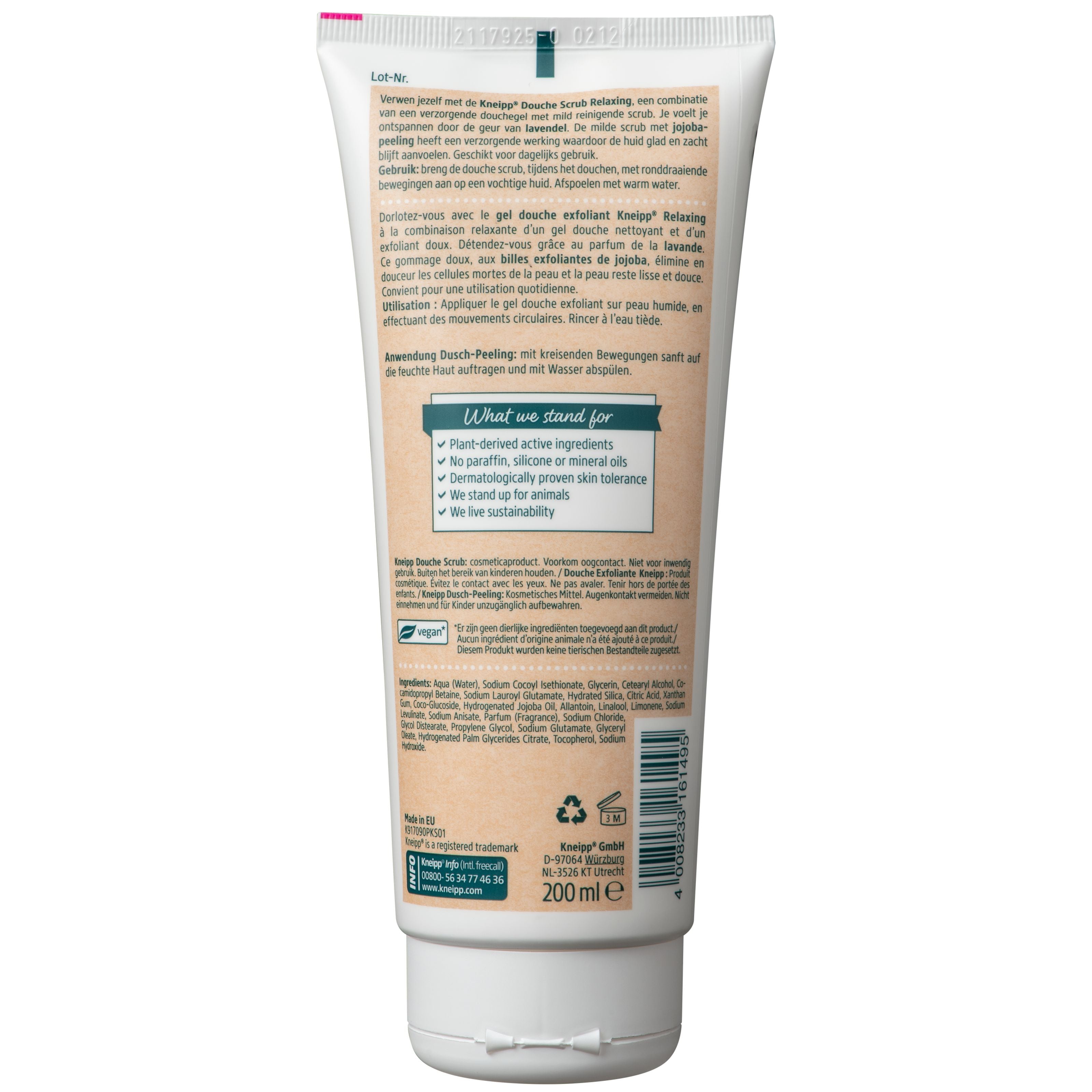 Kneipp Relaxing lavender and jojoba shower scrub in a 200ml bottle, ideal for gentle exfoliation during bath or shower.
