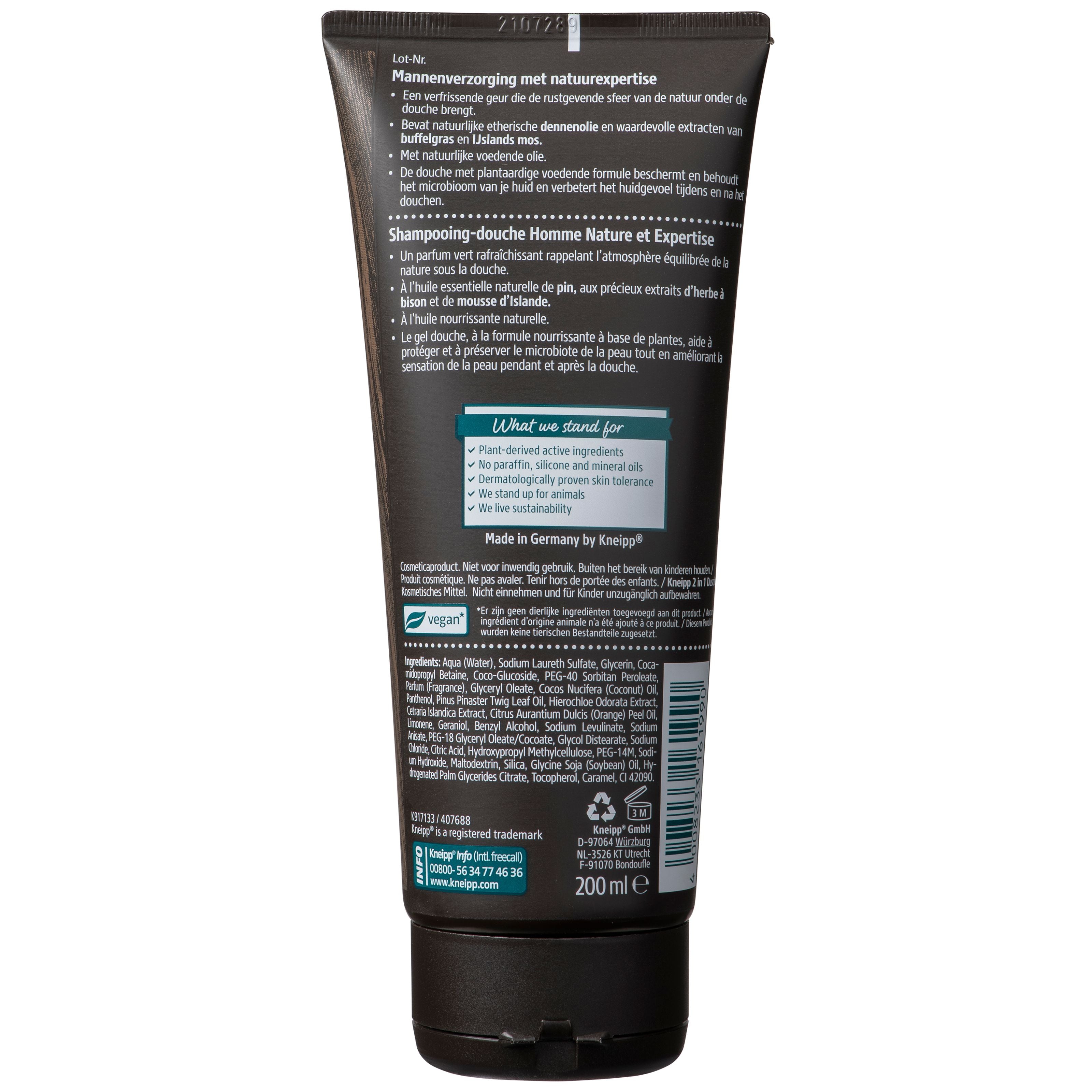 Kneipp Men 2-in-1 body and hair douche in a 200ml bottle, natural feeling for body and hair cleansing.