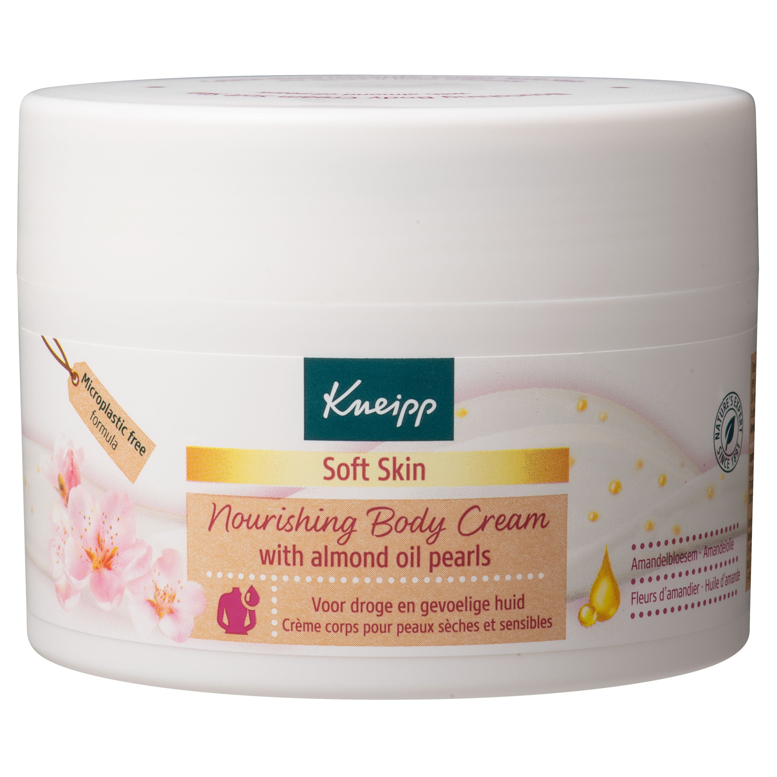 Kneipp nourishing body cream with almond oil, 200 ml, for soft skin, in a white tube with a flip cap.