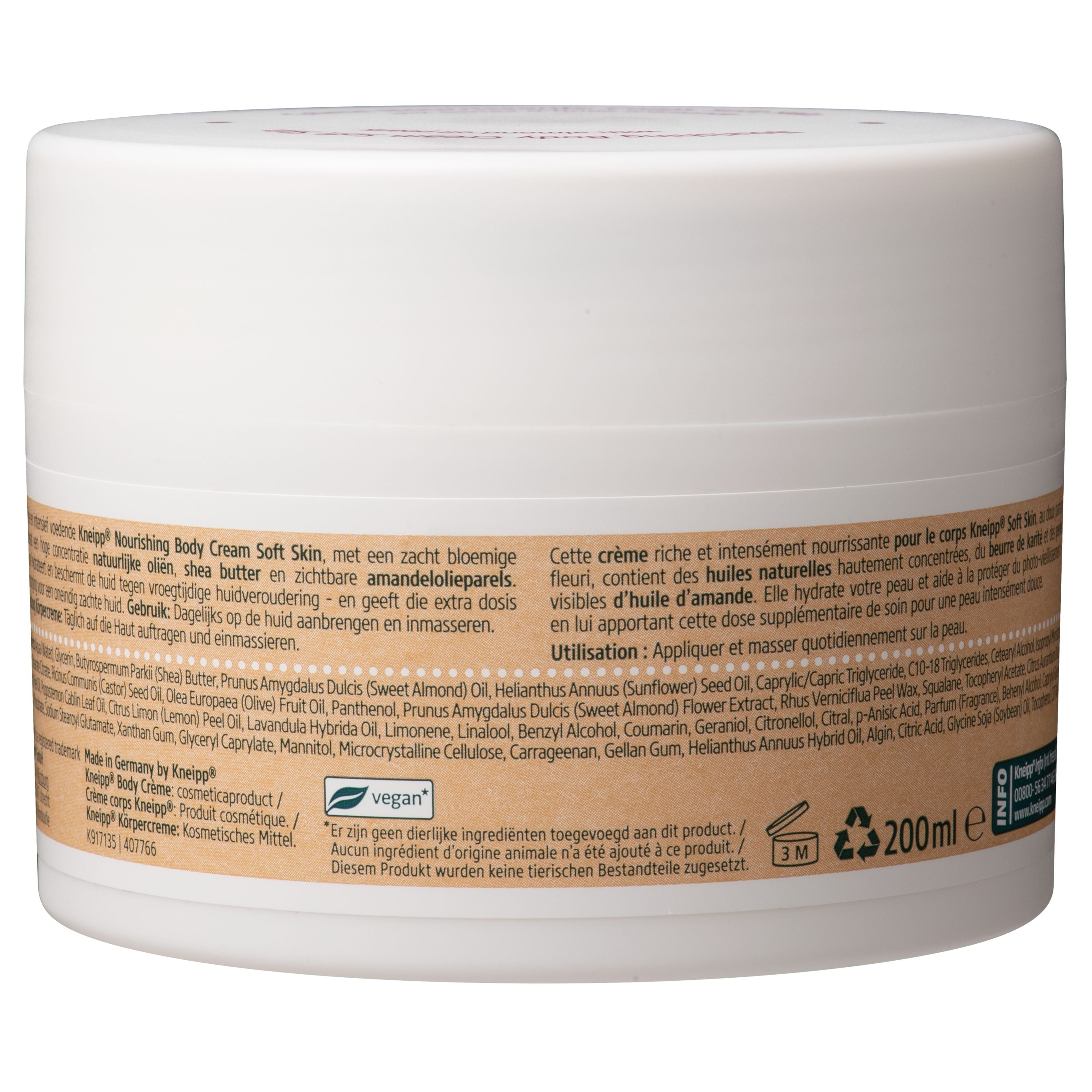 Kneipp Soft Skin Nourishing Body Cream with Almond Oil, 200ml, moisturizing body care product in a white jar.