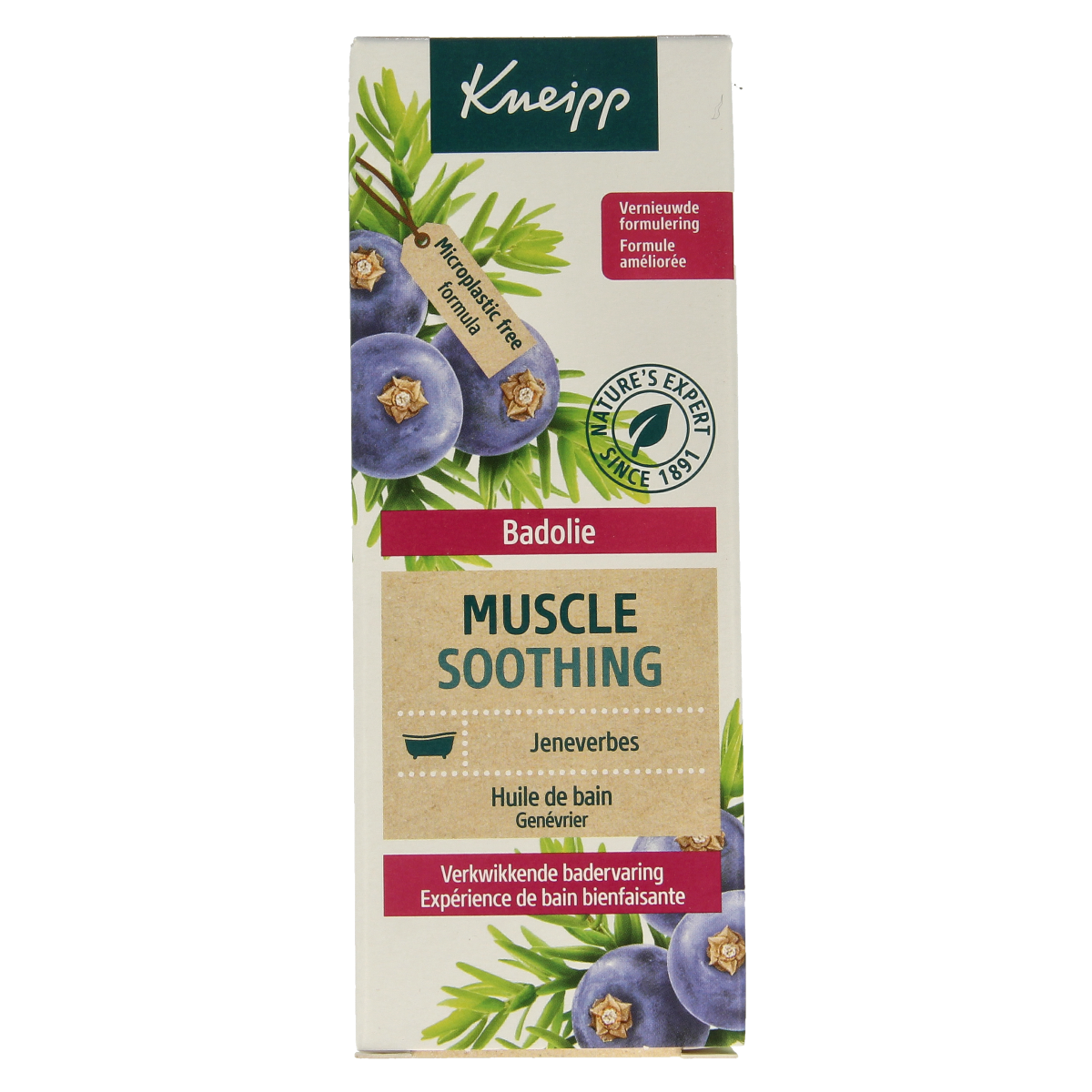 Kneipp Muscle soothing bath oil with juniper berries in a 100ml bottle, designed for relaxing muscle relief in bath or shower.