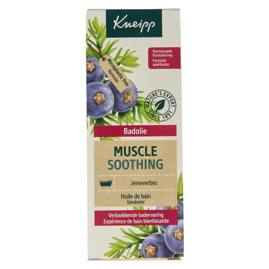 Kneipp Muscle soothing bath oil with juniper berries in a 100ml bottle, designed for relaxing muscle relief in bath or shower.