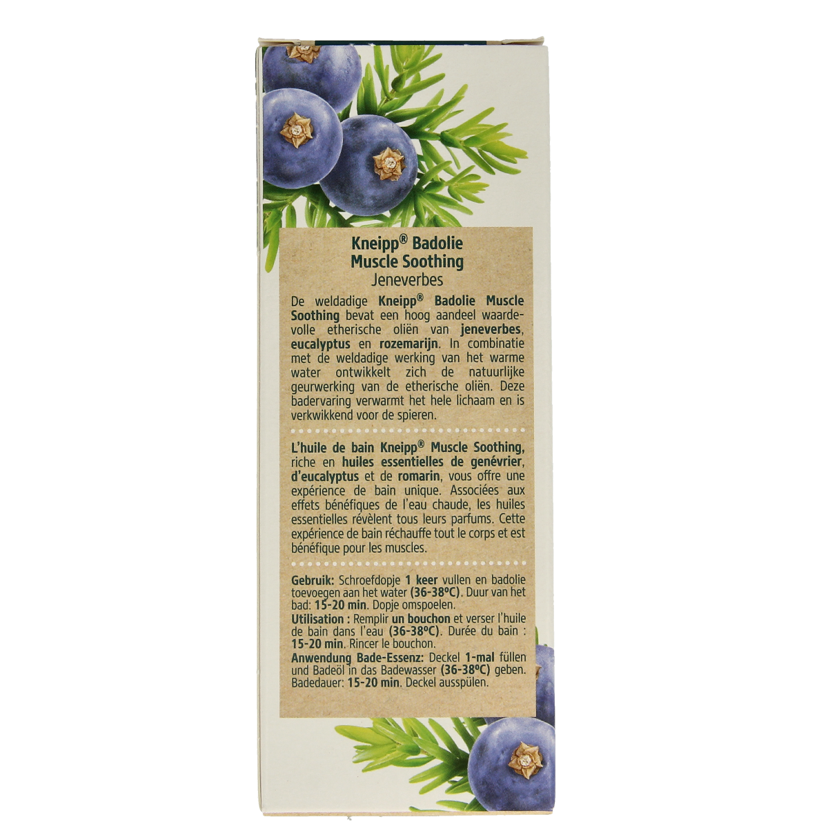 Kneipp Muscle Soothing Bath Oil with Juniper, 100ml, in a clear bottle for relaxing muscle relief in the bath or shower.