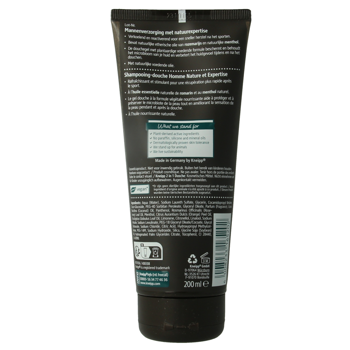 Kneipp Men 2-in-1 body and hair douche for sport, 200ml, showing the bottle with blue and white design.