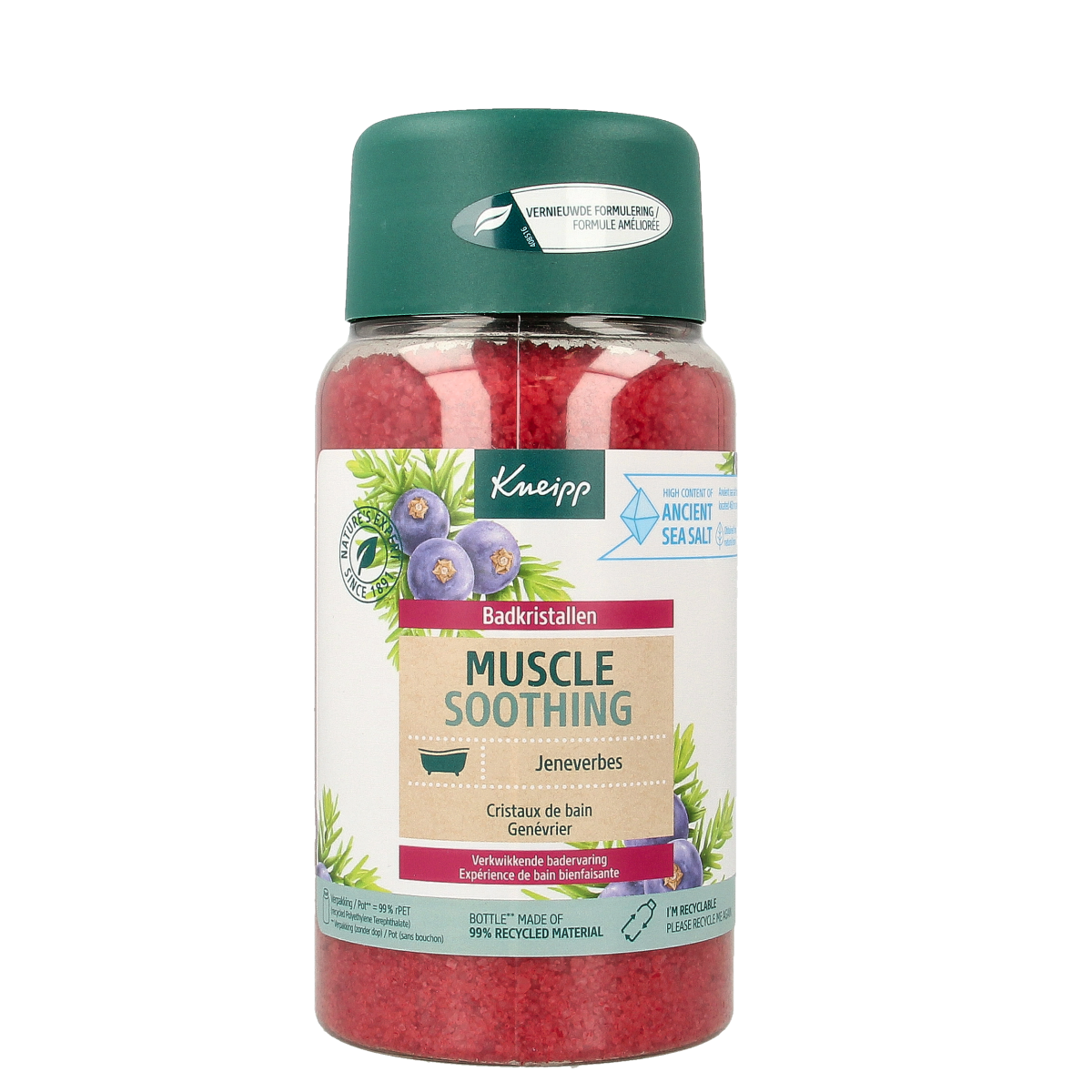 Kneipp Muscle Soothing Bad en Douche bath crystals with juniper berries in a 600g container, ready for relaxing muscle relief.