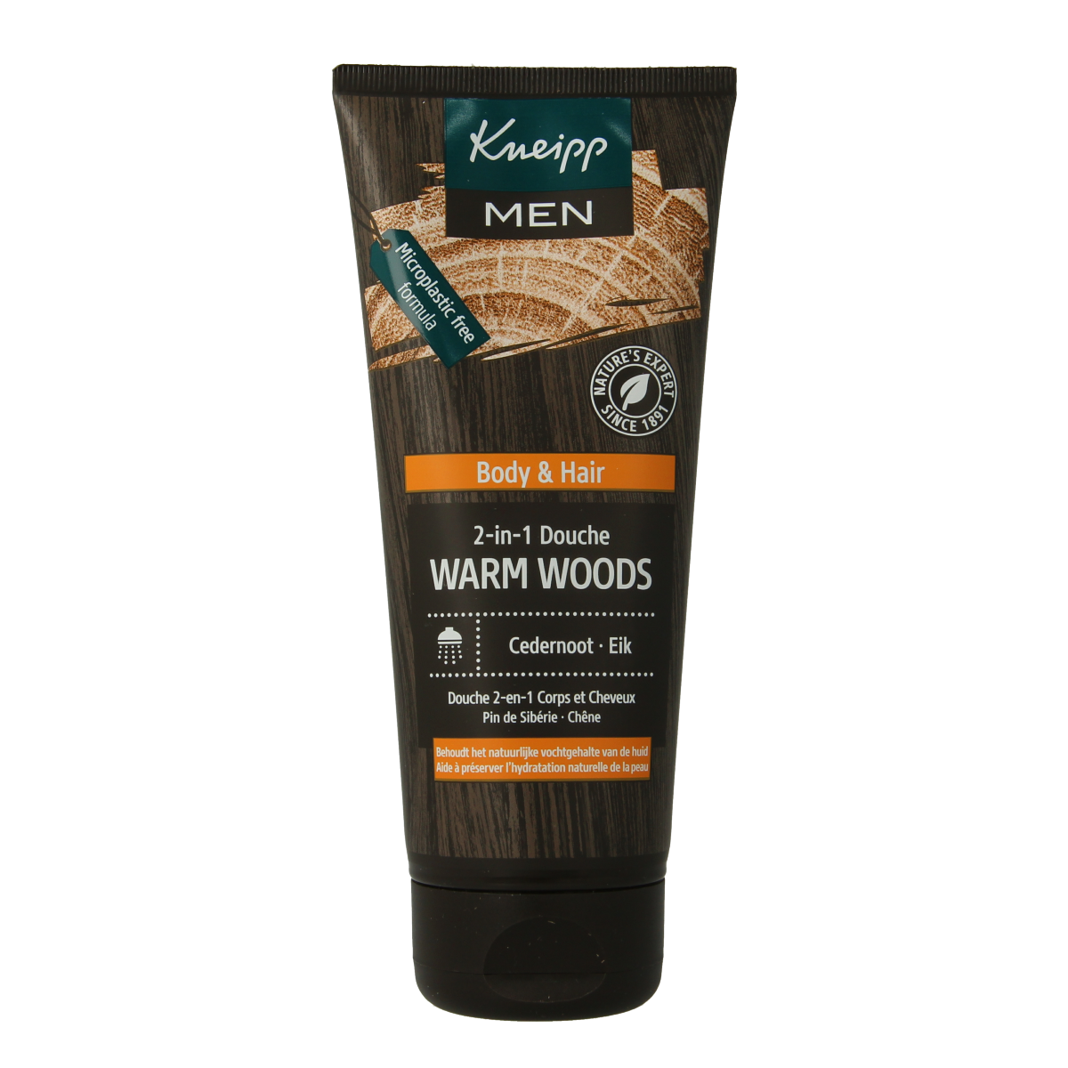 Kneipp Men 2-in-1 warm woods body and hair wash for men, 200ml, in a clear bottle with a warm wood scent.