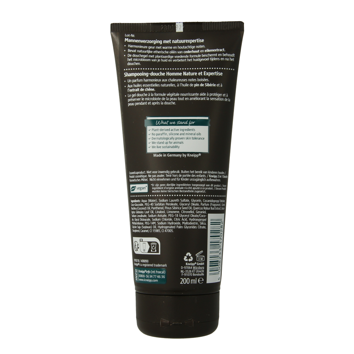 Kneipp Men 2-in-1 body and hair wash in warm woods scent, 200ml, for refreshing shower experience with natural ingredients.