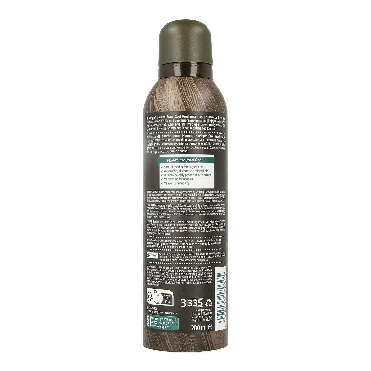 Kneipp Men douche foam with cool mint and zeeminera in a 200ml bottle, offering a refreshing cleansing experience.