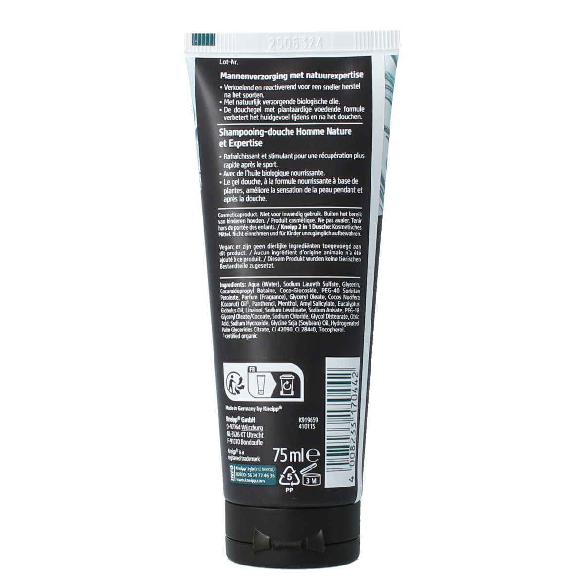 Kneipp Men 2-in-1 Sport Mini Shower Gel and Bath, 75ml, in a clear plastic bottle with sporty labeling.