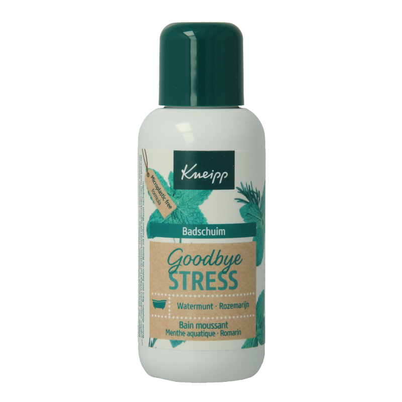 Kneipp Goodbye Stress bath and shower foam in a 100ml bottle, featuring calming ingredients for relaxation.