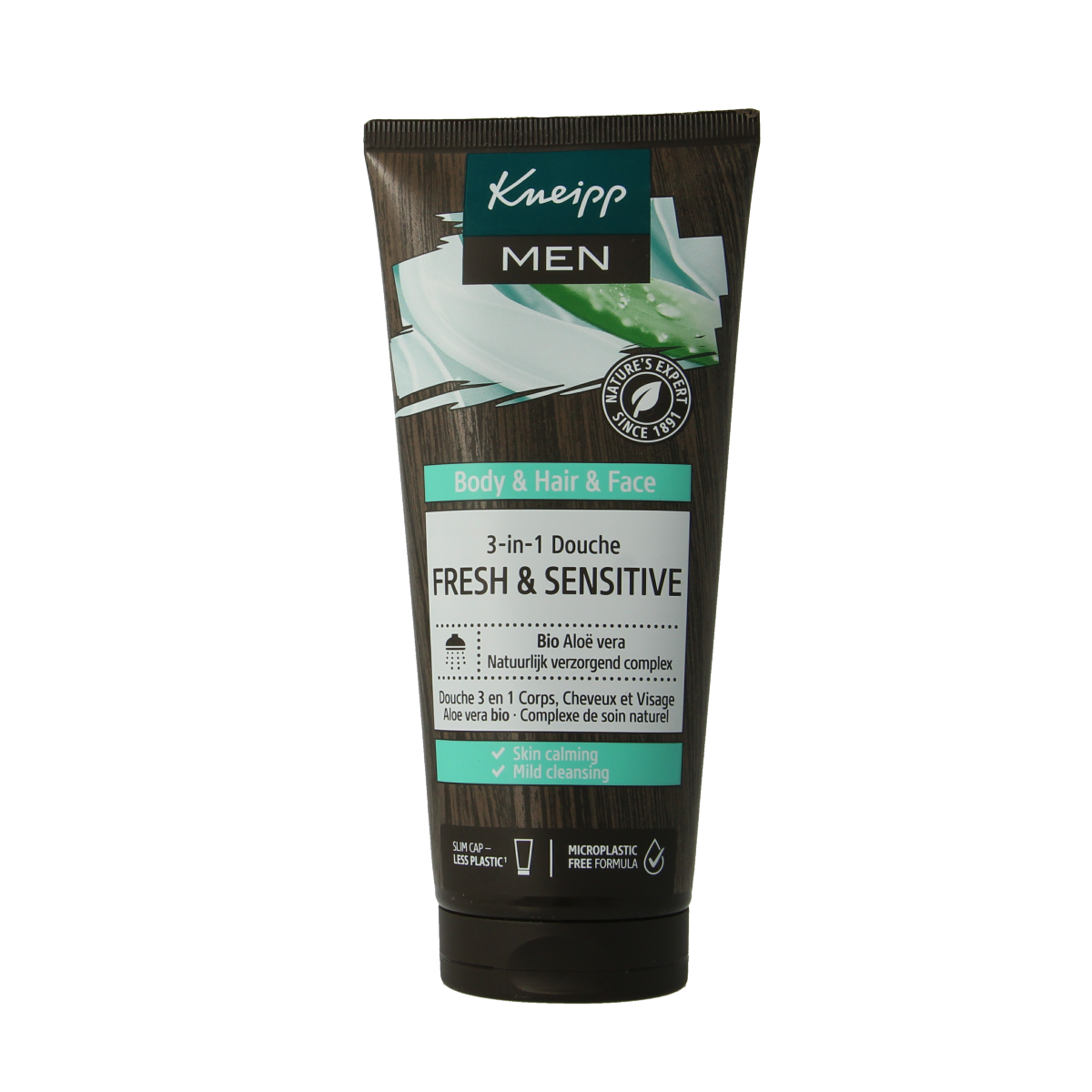 Kneipp Men 3-in-1 Fresh & Sensitive douche gel, 200ml, for shower, face, and body, with refreshing and gentle formula.