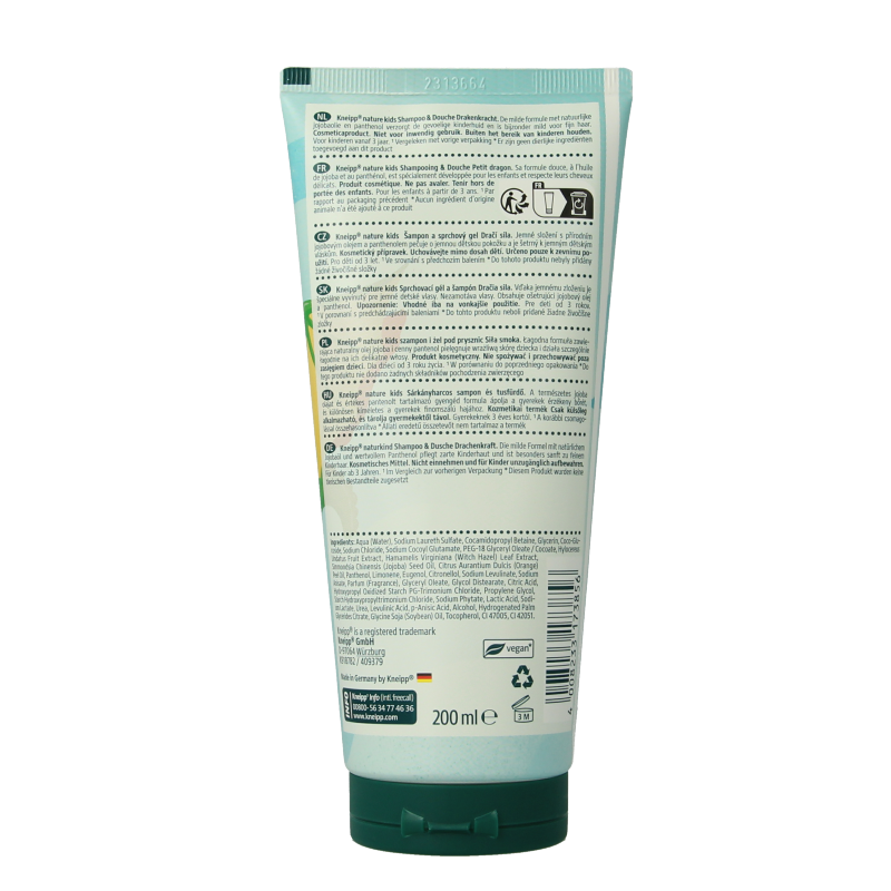 Kneipp Kids Drakenkracht shampoo and body wash bottle, 200ml, featuring colorful dragon design for children’s body care.