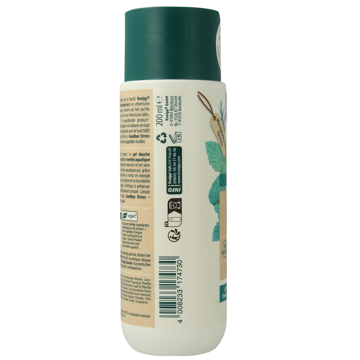 Kneipp Goodbye Stress douche bottle, 200ml, soothing bath and shower product with calming ingredients and brand label.
