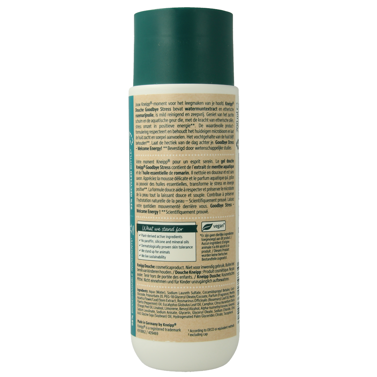 Kneipp Goodbye Stress douche bottle, 200ml, soothing bath and shower product with calming herbal ingredients.