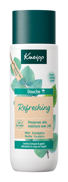 Kneipp Refreshing douche bottle, 200ml, healthy shower gel with natural ingredients, in clear plastic container with label.