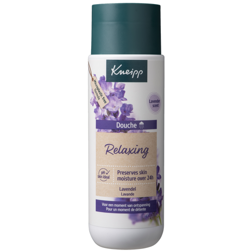 Kneipp Relaxing lavender shower gel in 200ml bottle, soothing bad en douche product with lavender scent.