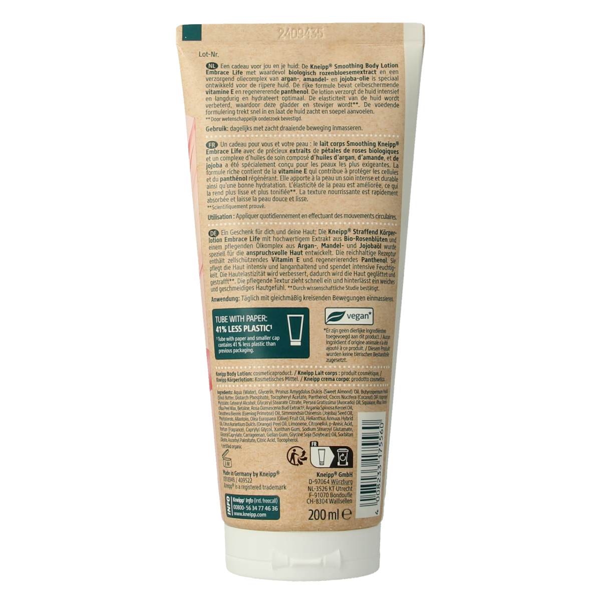 Kneipp body lotion embrace life 200ml bottle, featuring a soft, natural skincare formulation for nourishing body care.