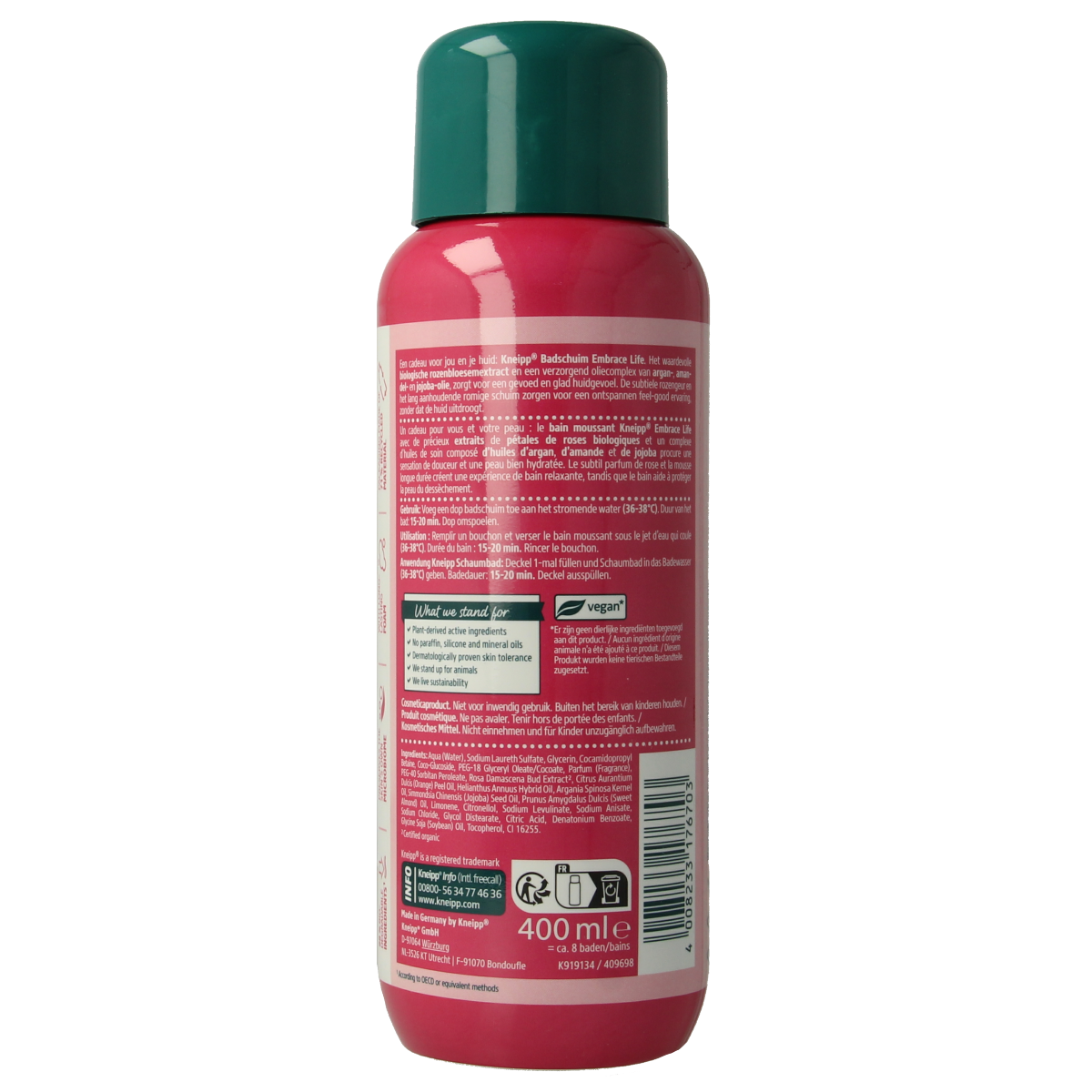 Kneipp Embrace Life bath and shower foam bottle, 400ml, with floral and herbal ingredients for relaxing cleansing.